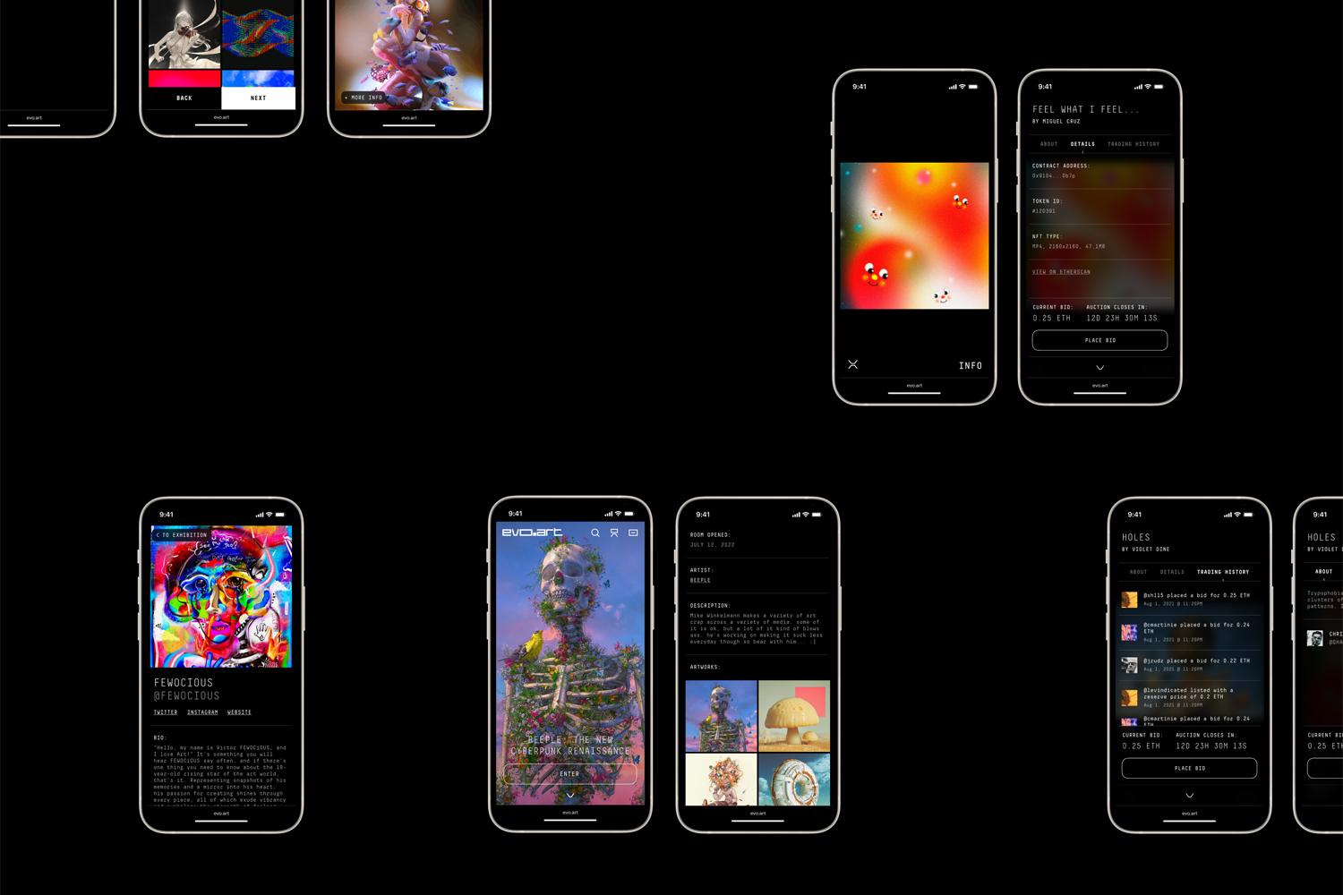 Dark background with scattered smartphone screens showing digital art app pages