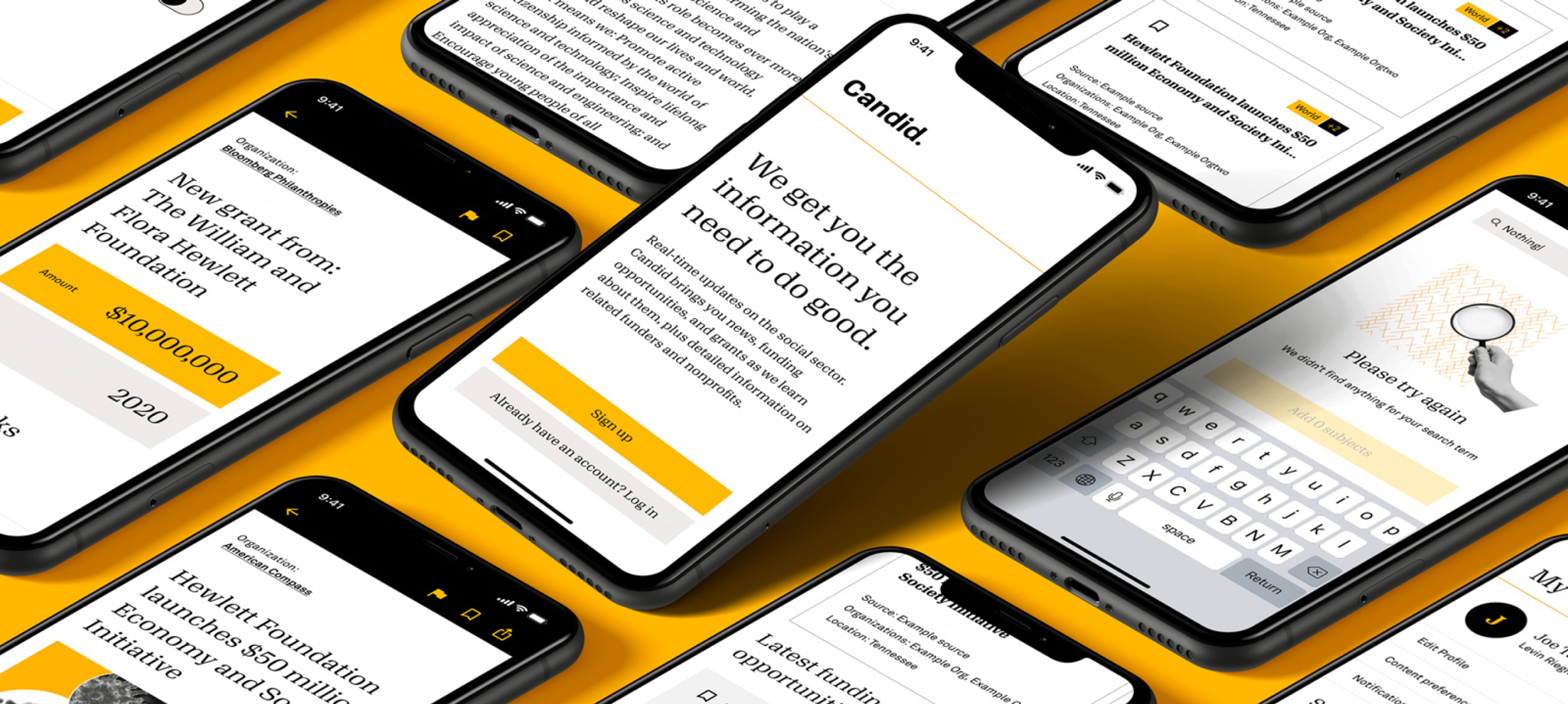 Rows of phones showing Candid app screens on a yellow background