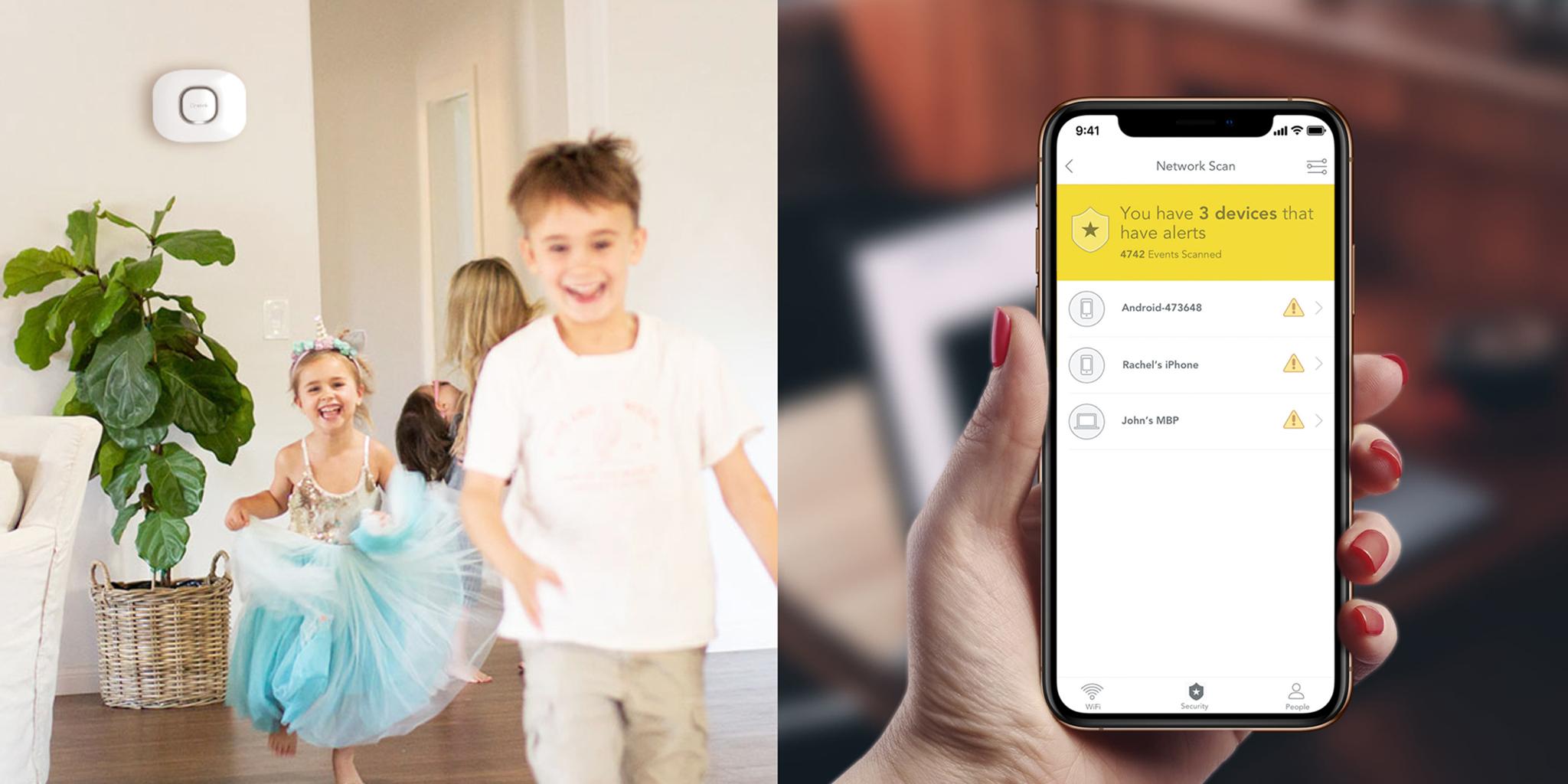 Children running indoors past an Onelink alarm as a phone lists three device alerts
