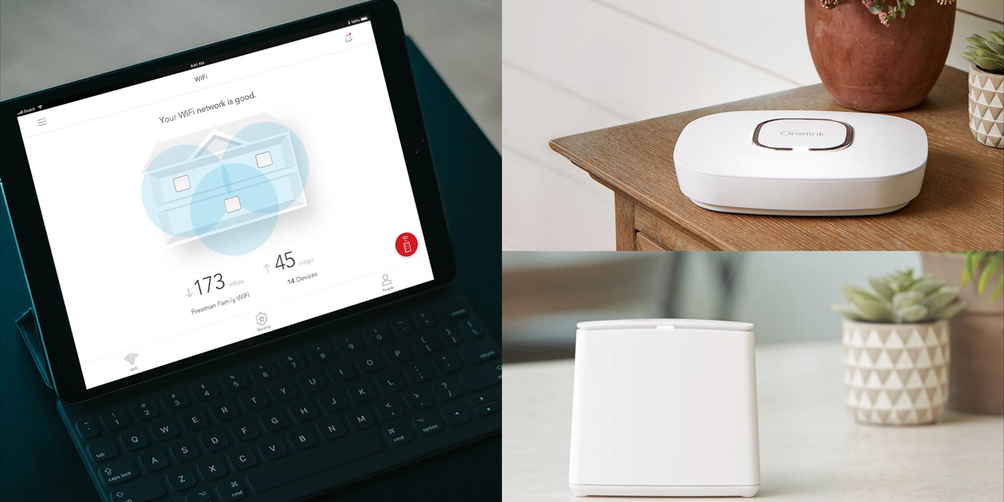 Tablet showing a Wi-Fi coverage map beside Onelink mesh units on a side table