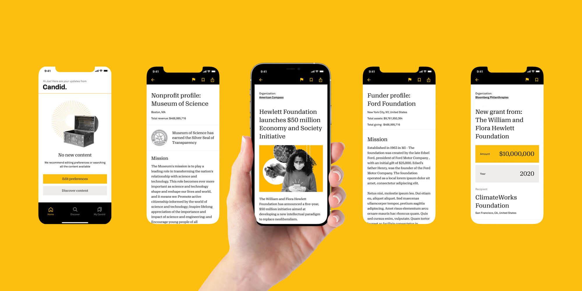 Candid app screens laid out on a yellow background beside a hand holding a phone