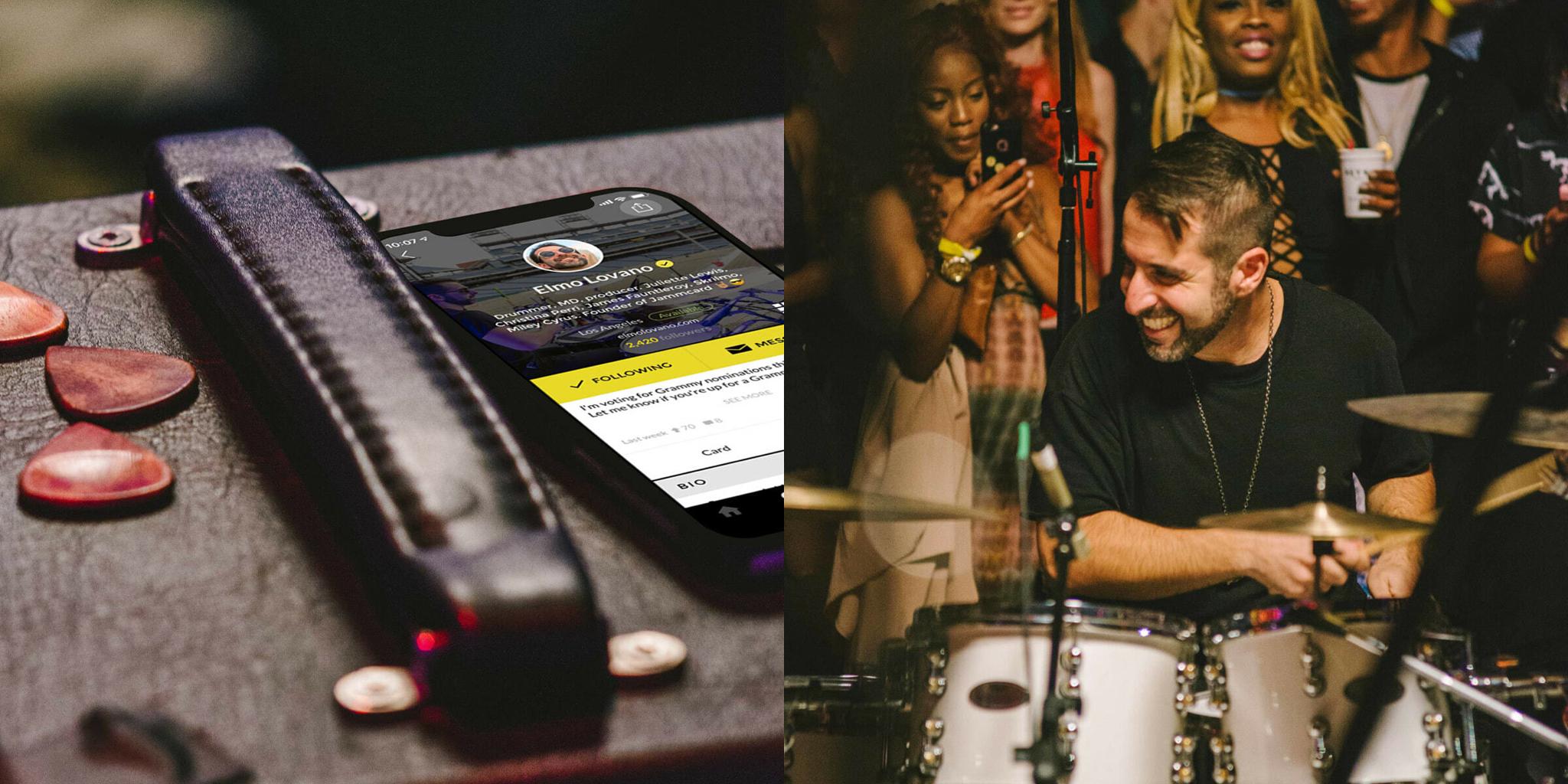 Smartphone and audio gear beside a drummer performing at a crowded party