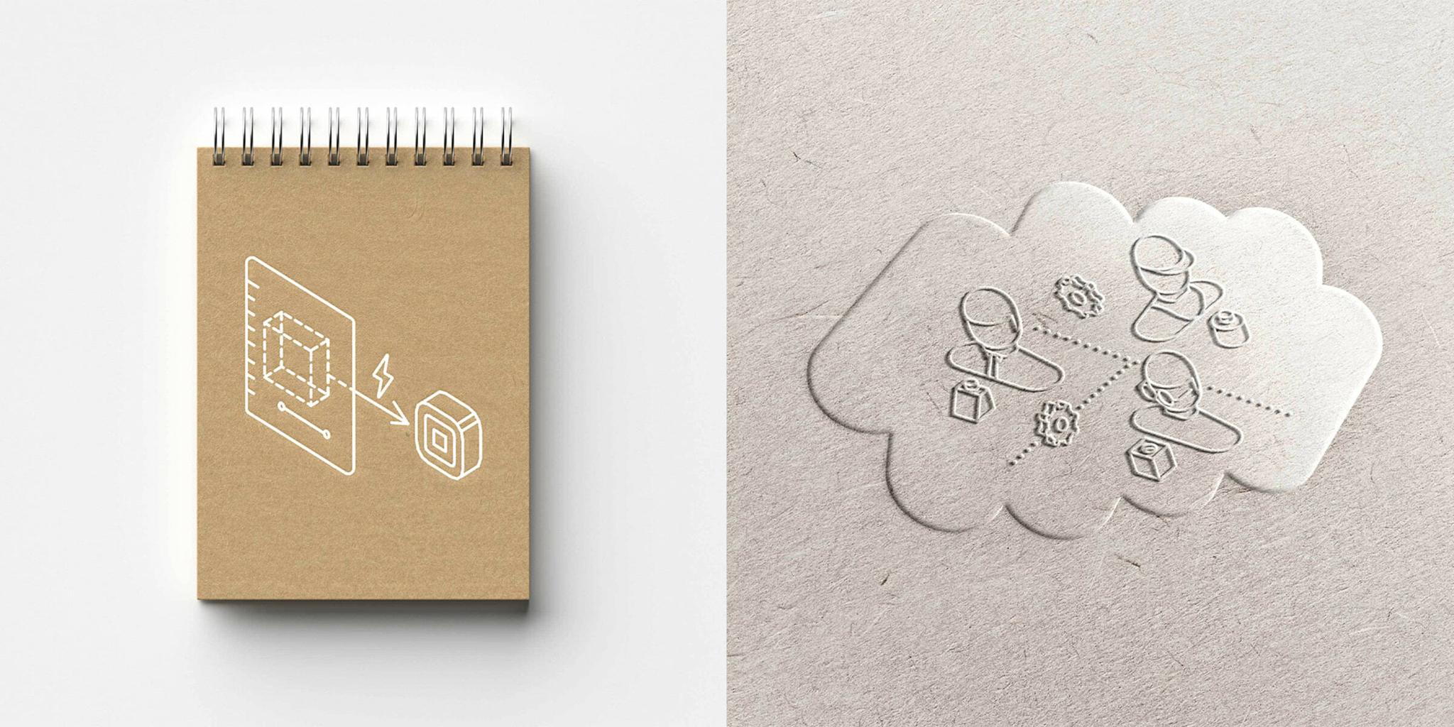 Printed Mindtribe notebook and embossed cloud collaboration illustration
