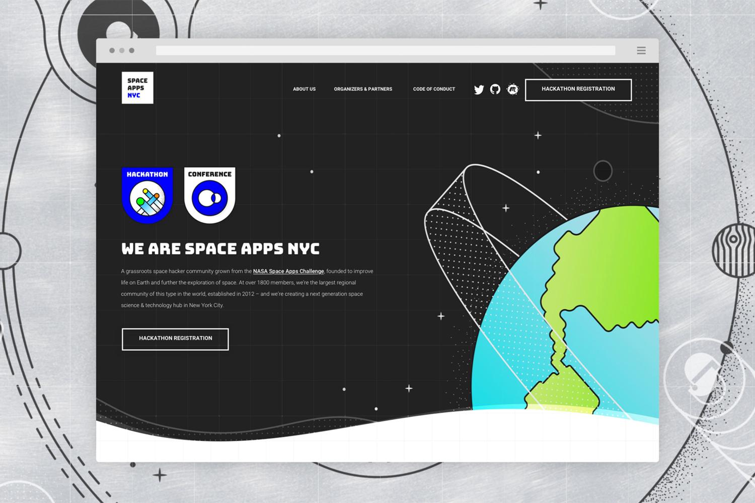 Space Apps NYC website mockup with Earth illustration and hackathon registration button