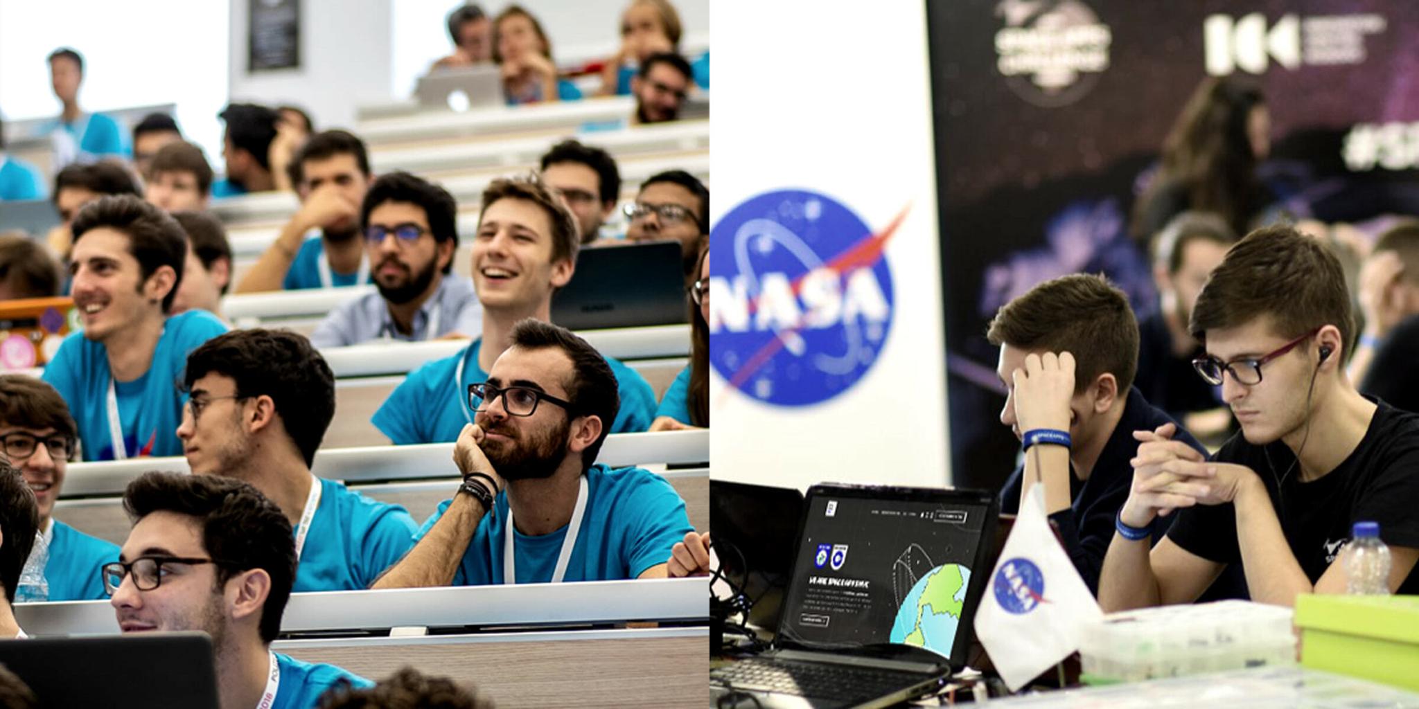 Students in a lecture hall and at a NASA-themed workshop with laptops