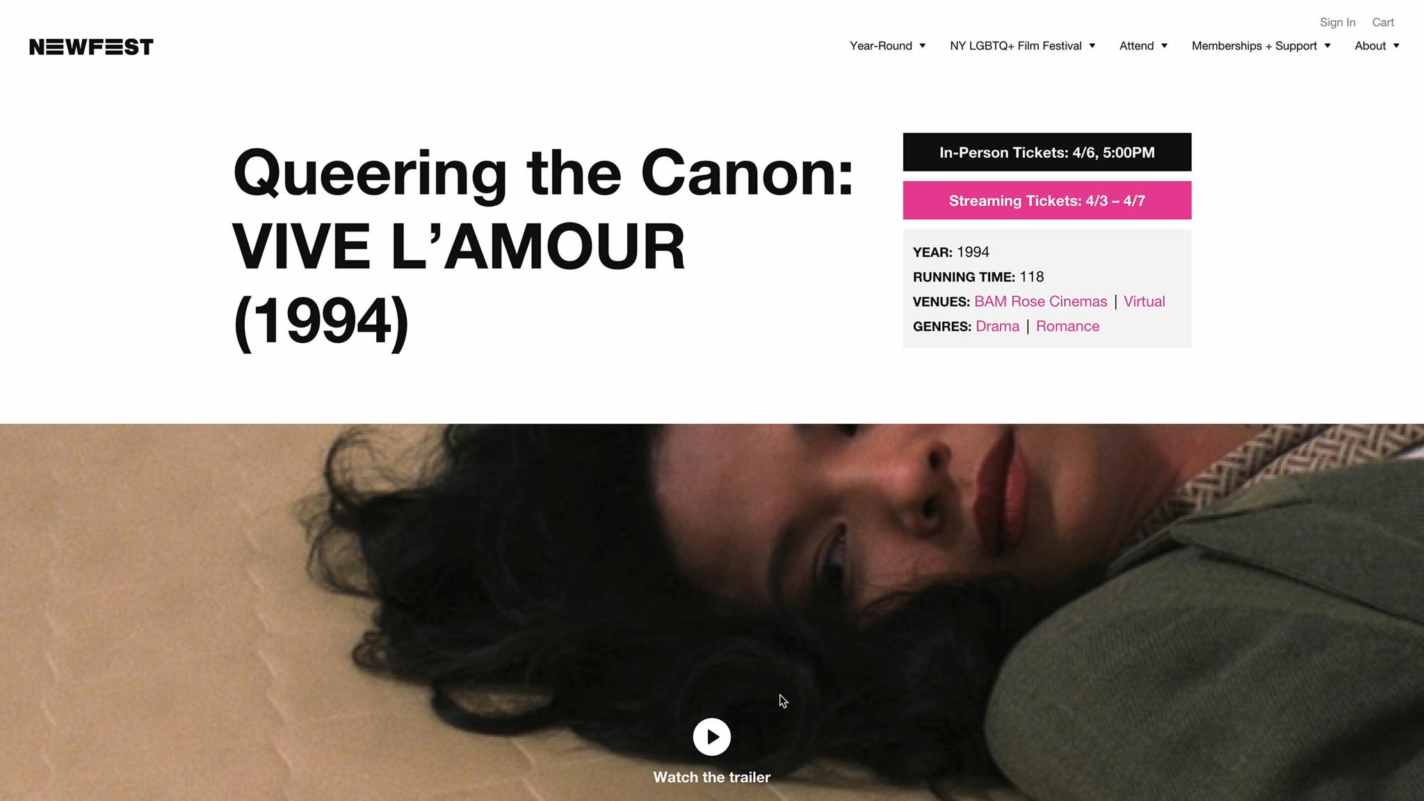 NewFest event page for "Queering the Canon: VIVE L'AMOUR (1994)" with tickets and trailer