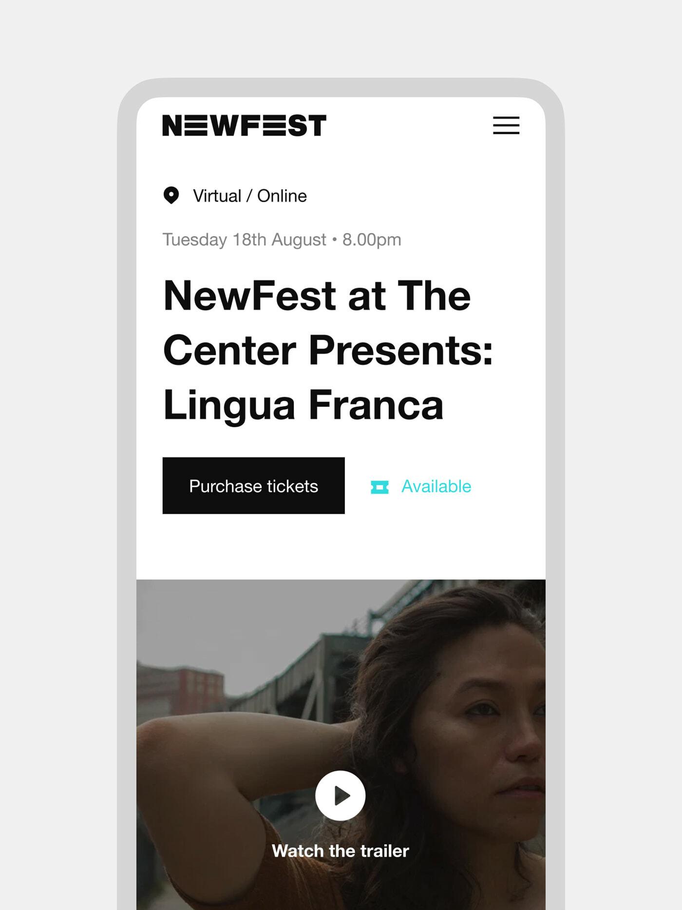 Mobile NewFest event page for Lingua Franca with a Purchase tickets button and trailer still