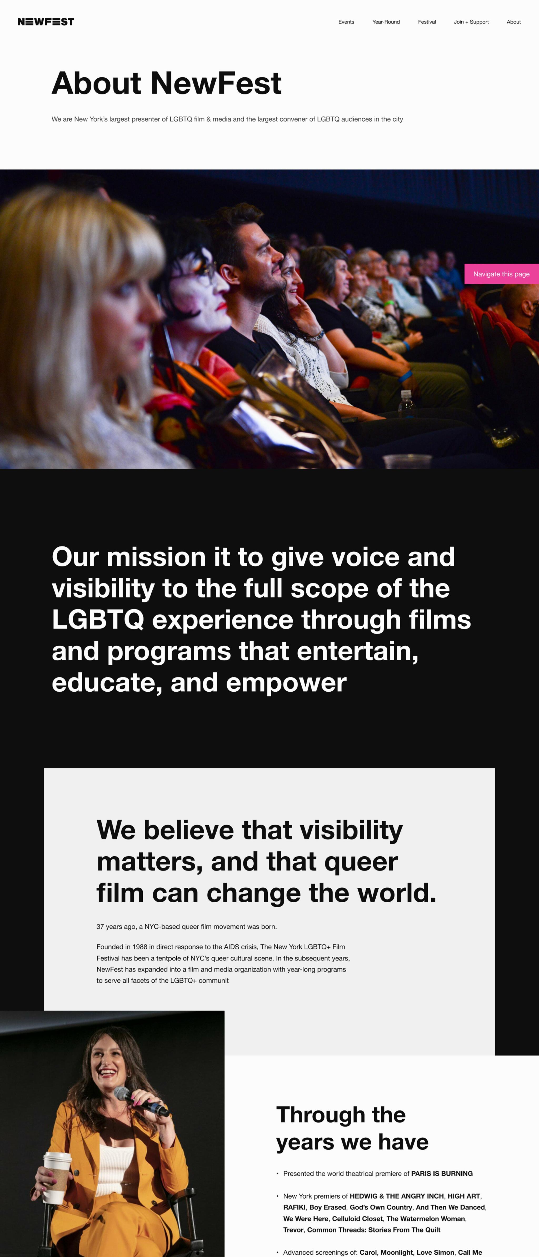 About NewFest webpage with theater audience photo, mission text, and history sections