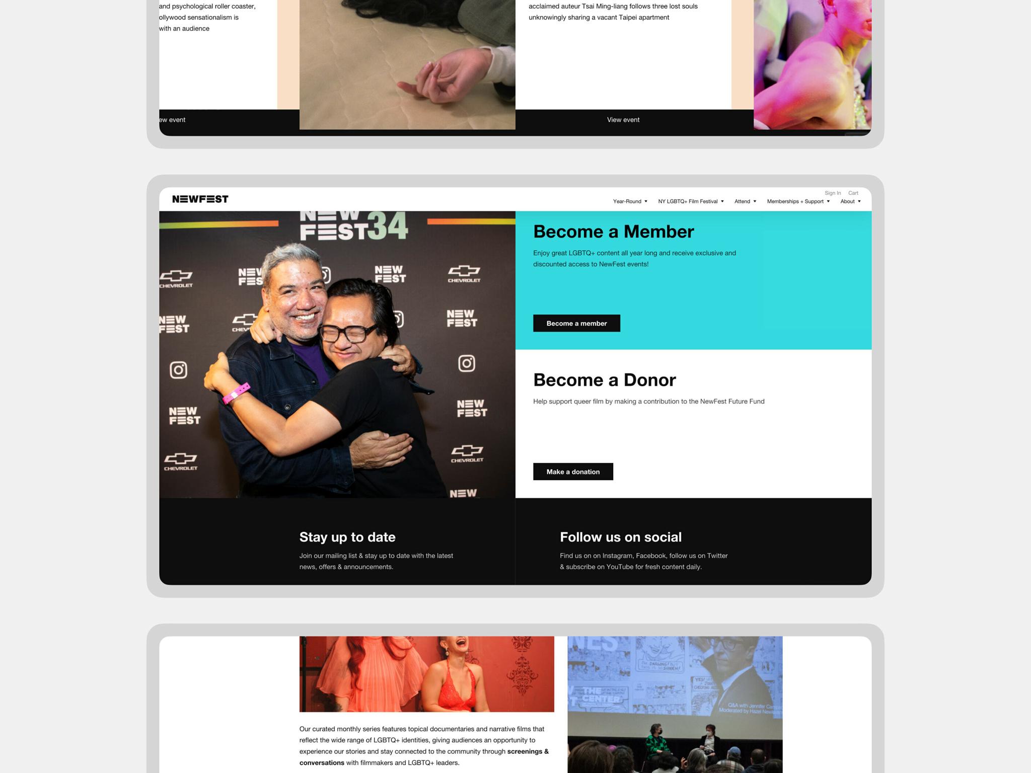 NewFest membership and donor webpage with event photo and signup sections