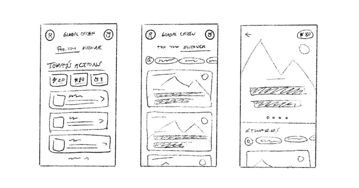 Three hand-drawn mobile app wireframes showing actions, feed, and rewards