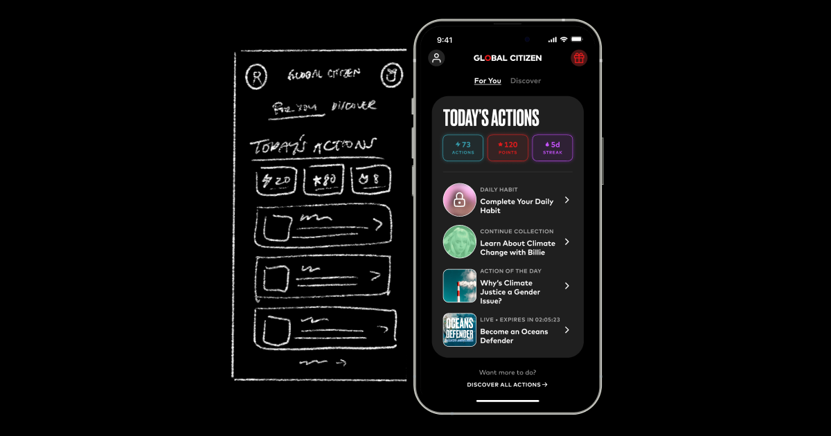 Global Citizen app mockup beside a hand-drawn wireframe on a black background