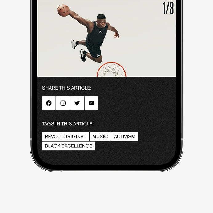 Smartphone article footer with share icons, tags, and basketball dunk image
