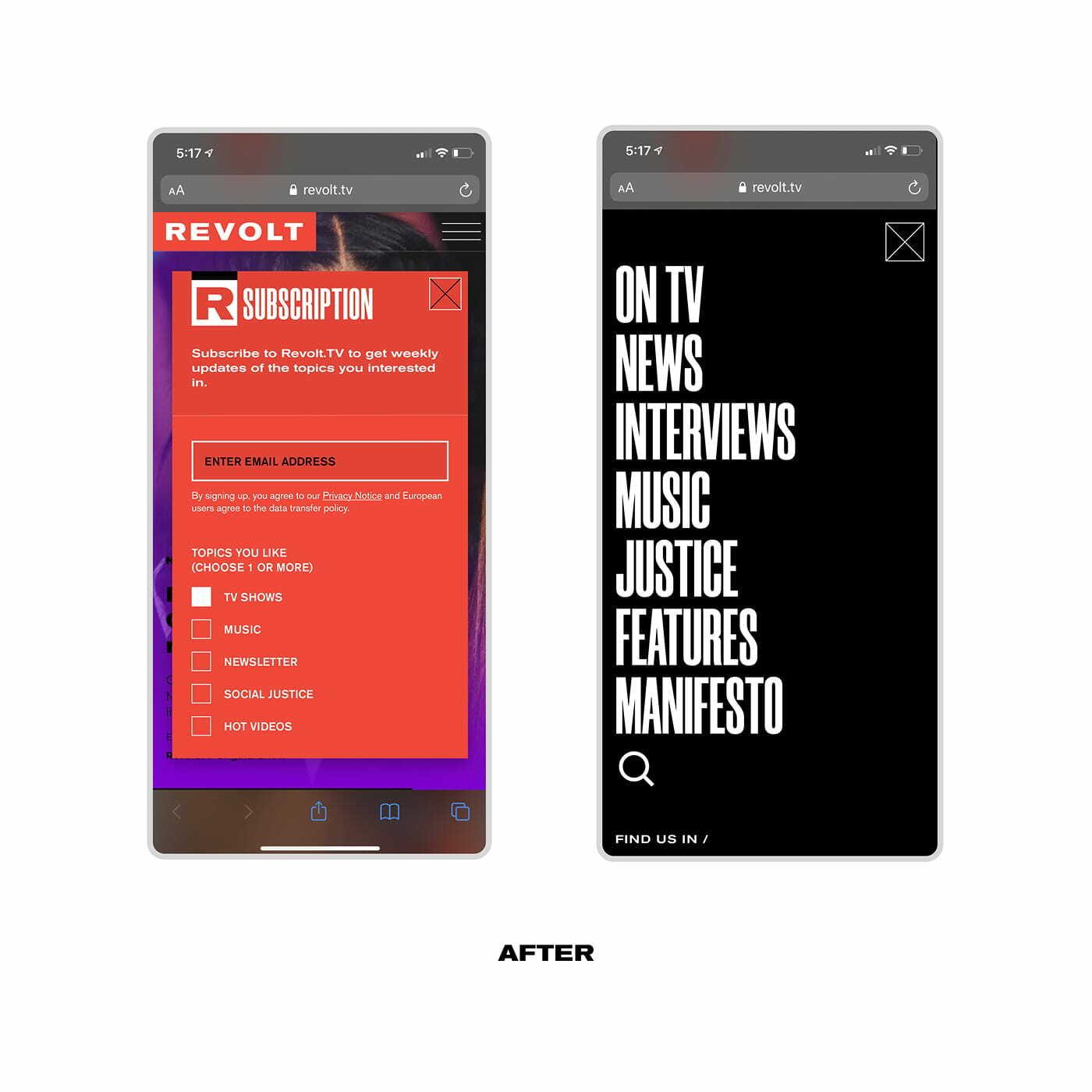 After view of REVOLT mobile subscription pop-up and bold black menu screen