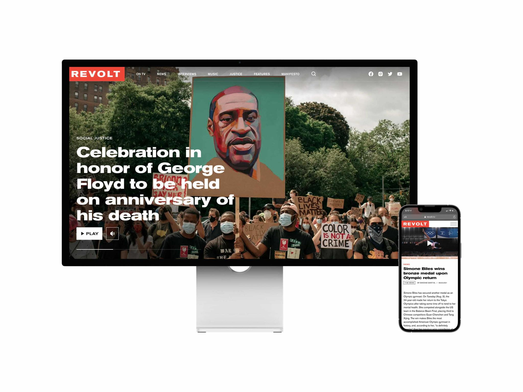 REVOLT desktop and mobile layouts featuring a George Floyd anniversary story