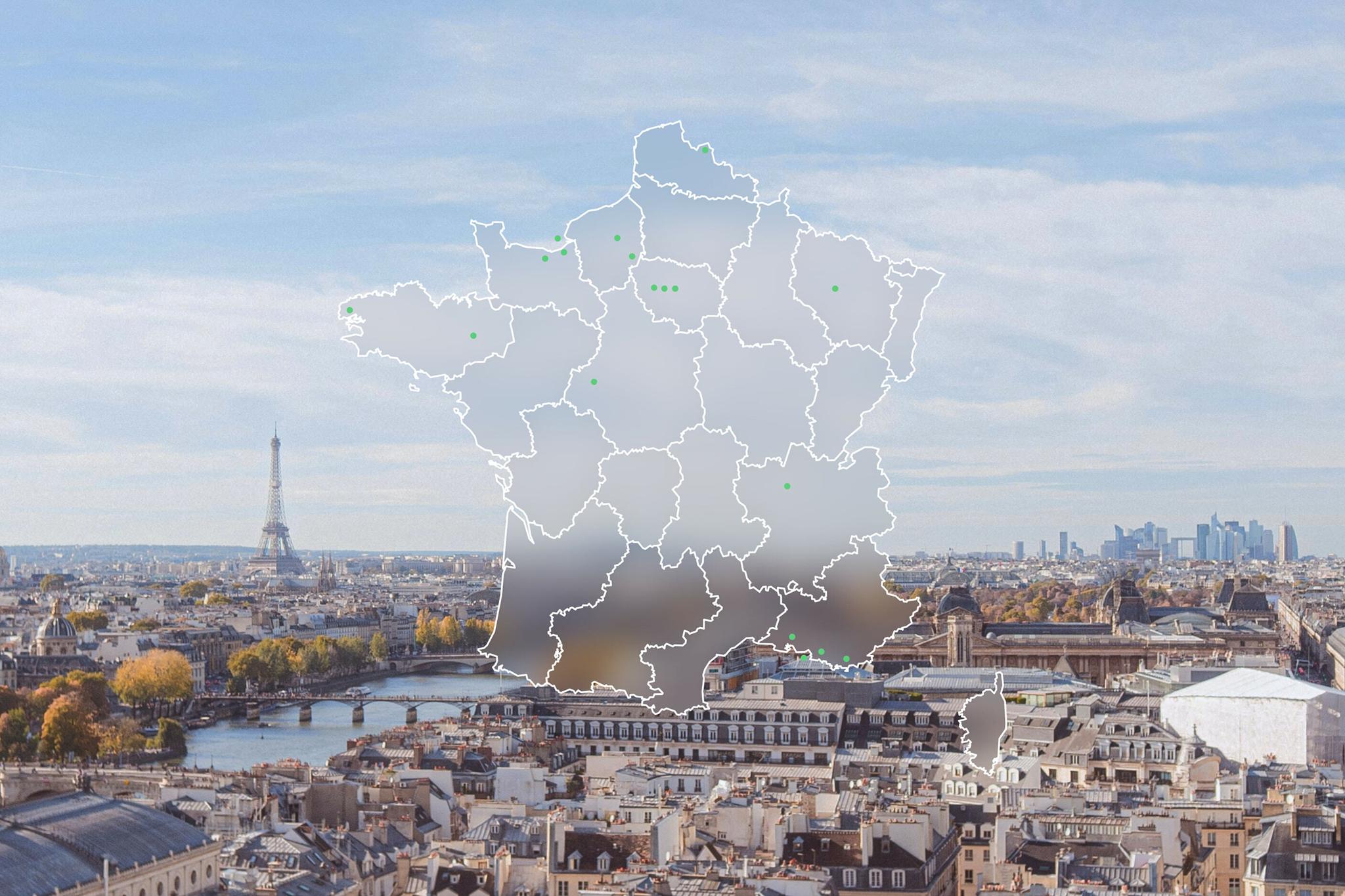 Map of France with green location markers over a Paris skyline.