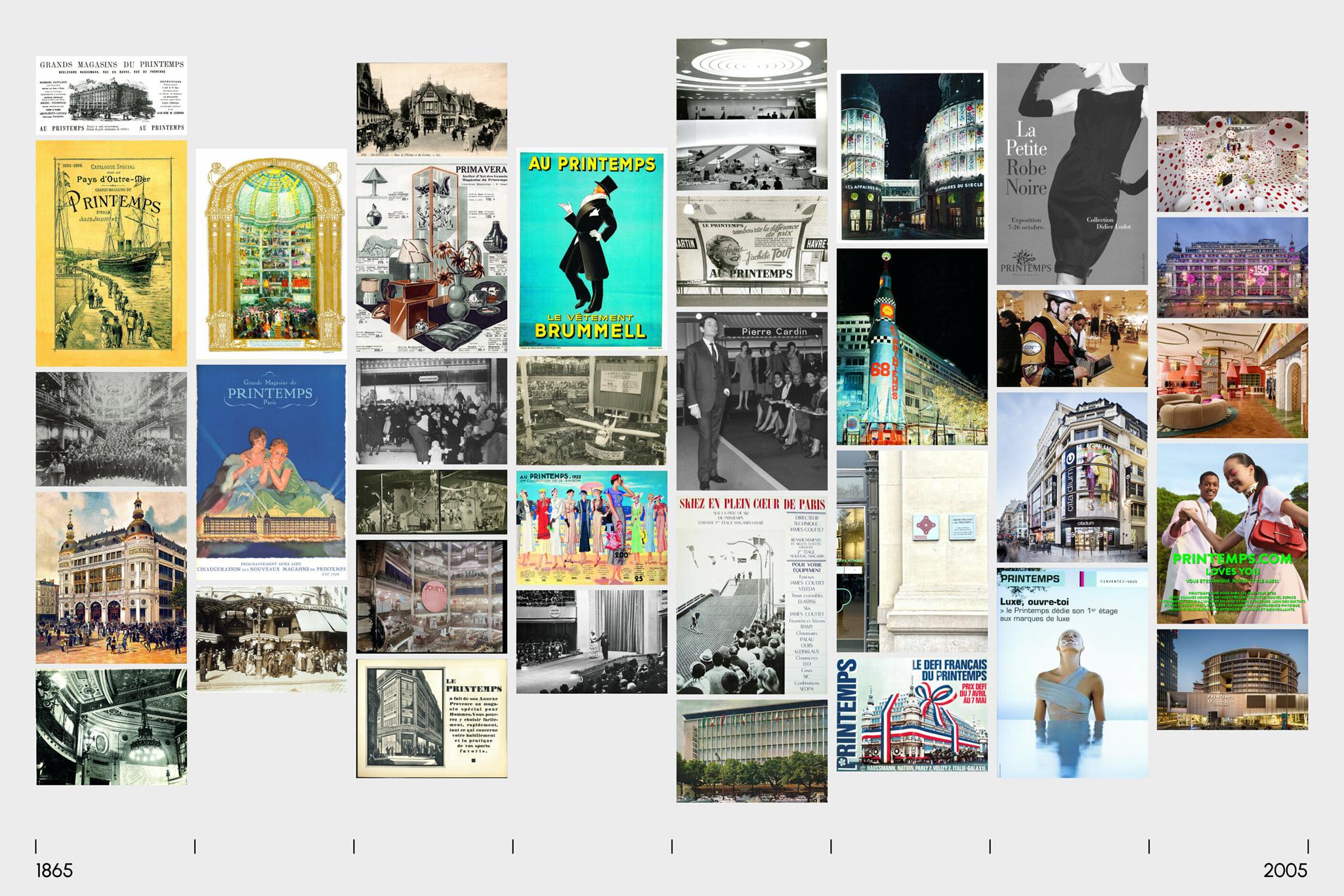 Printemps timeline collage with archival posters, storefront photos, and campaign images.