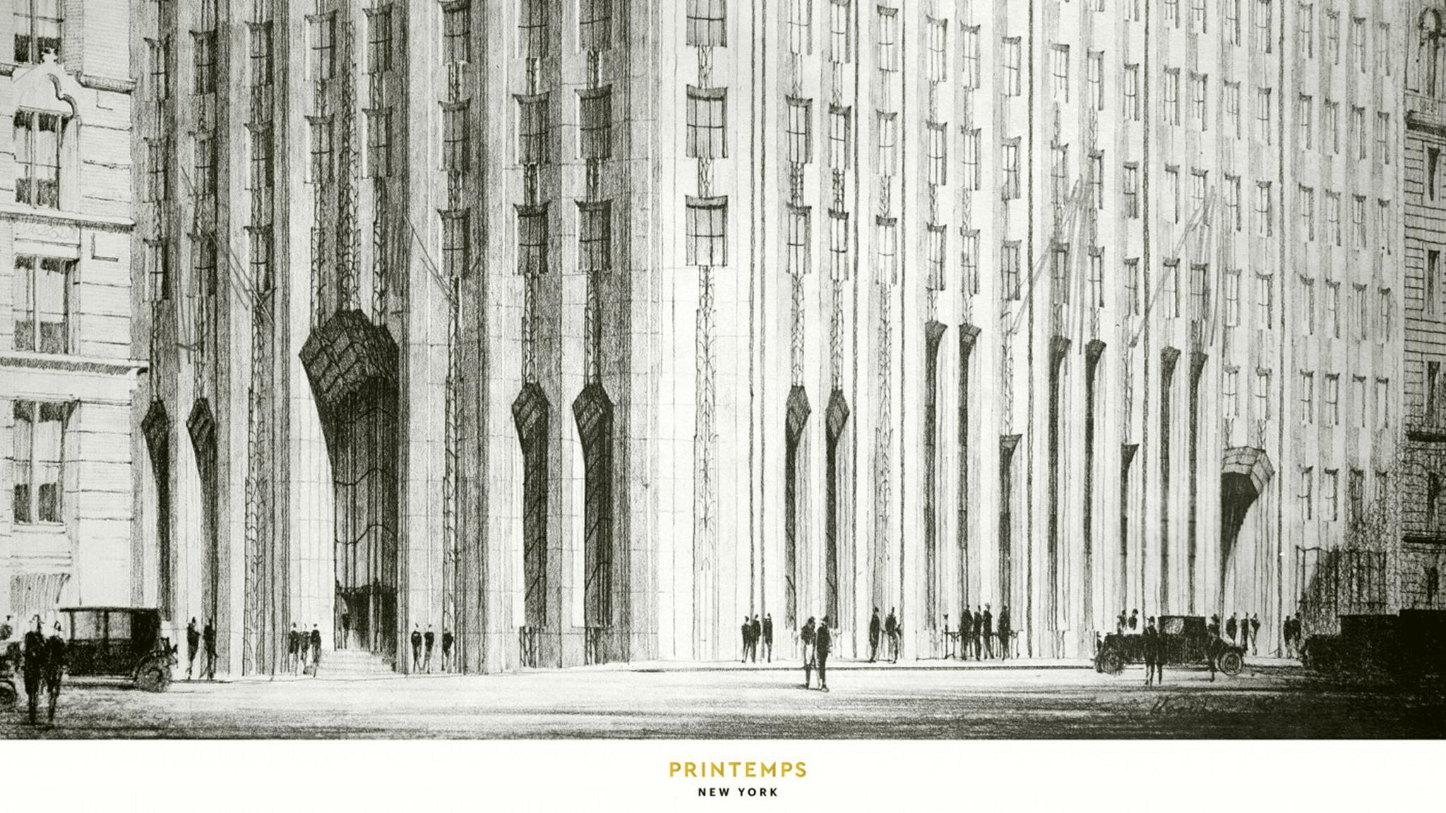 Archival architectural drawing of the Printemps New York building with figures at street level.