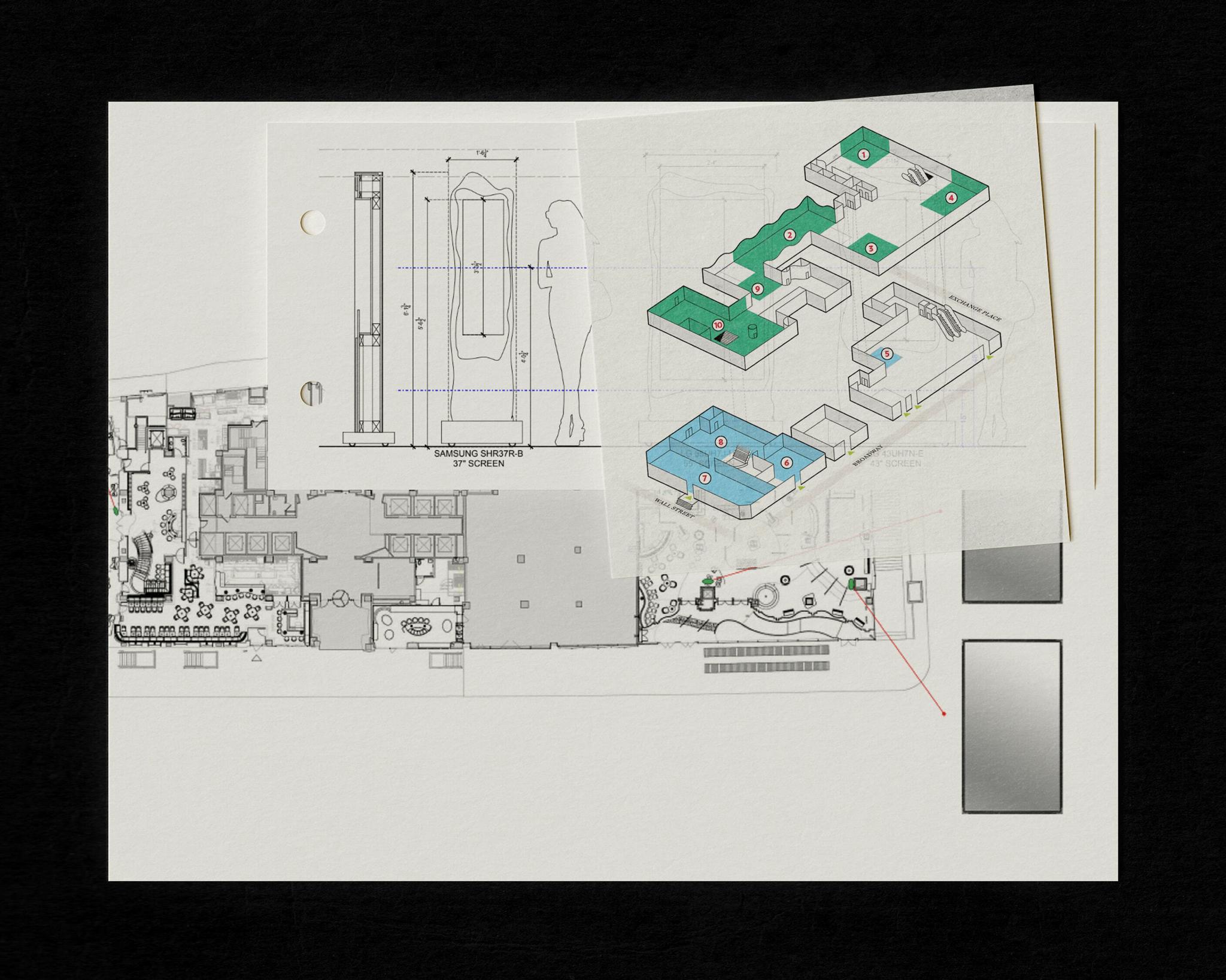 Design boards showing floor plans, screen elevations, and color-coded wayfinding diagrams.