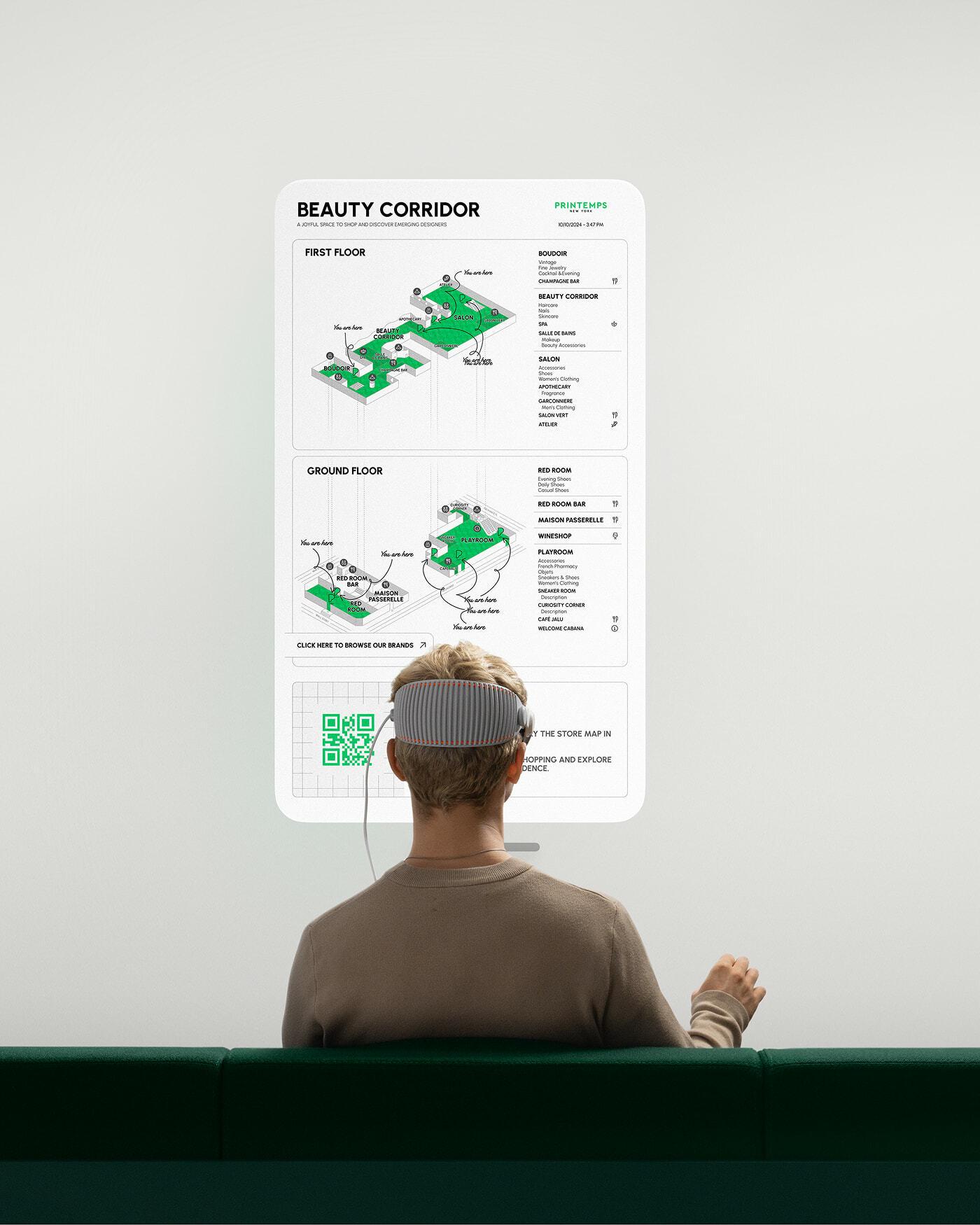 Seated person wearing a mixed reality headset facing a floating Beauty Corridor map.