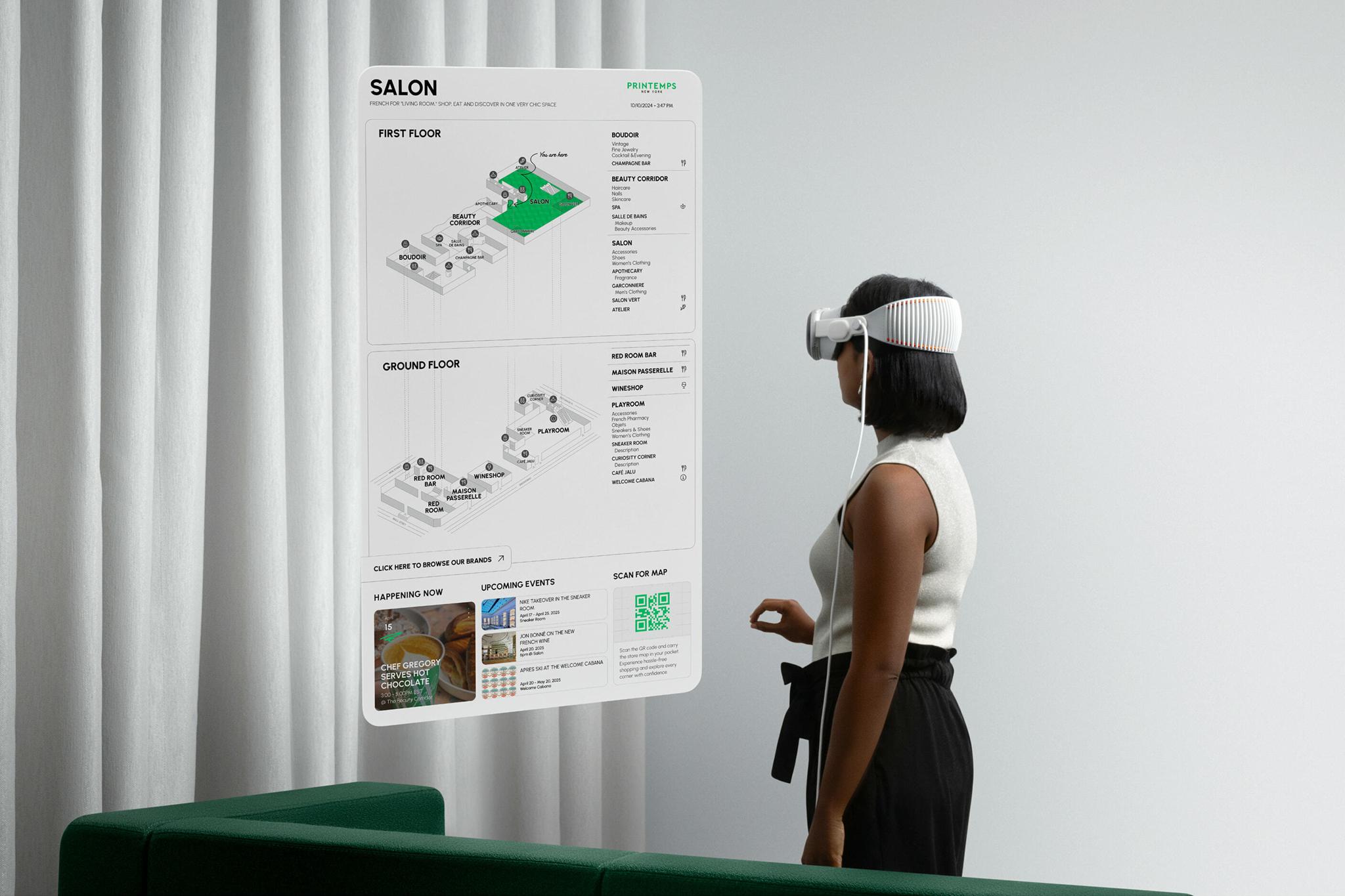 Person wearing a mixed reality headset beside a floating Salon wayfinding map.