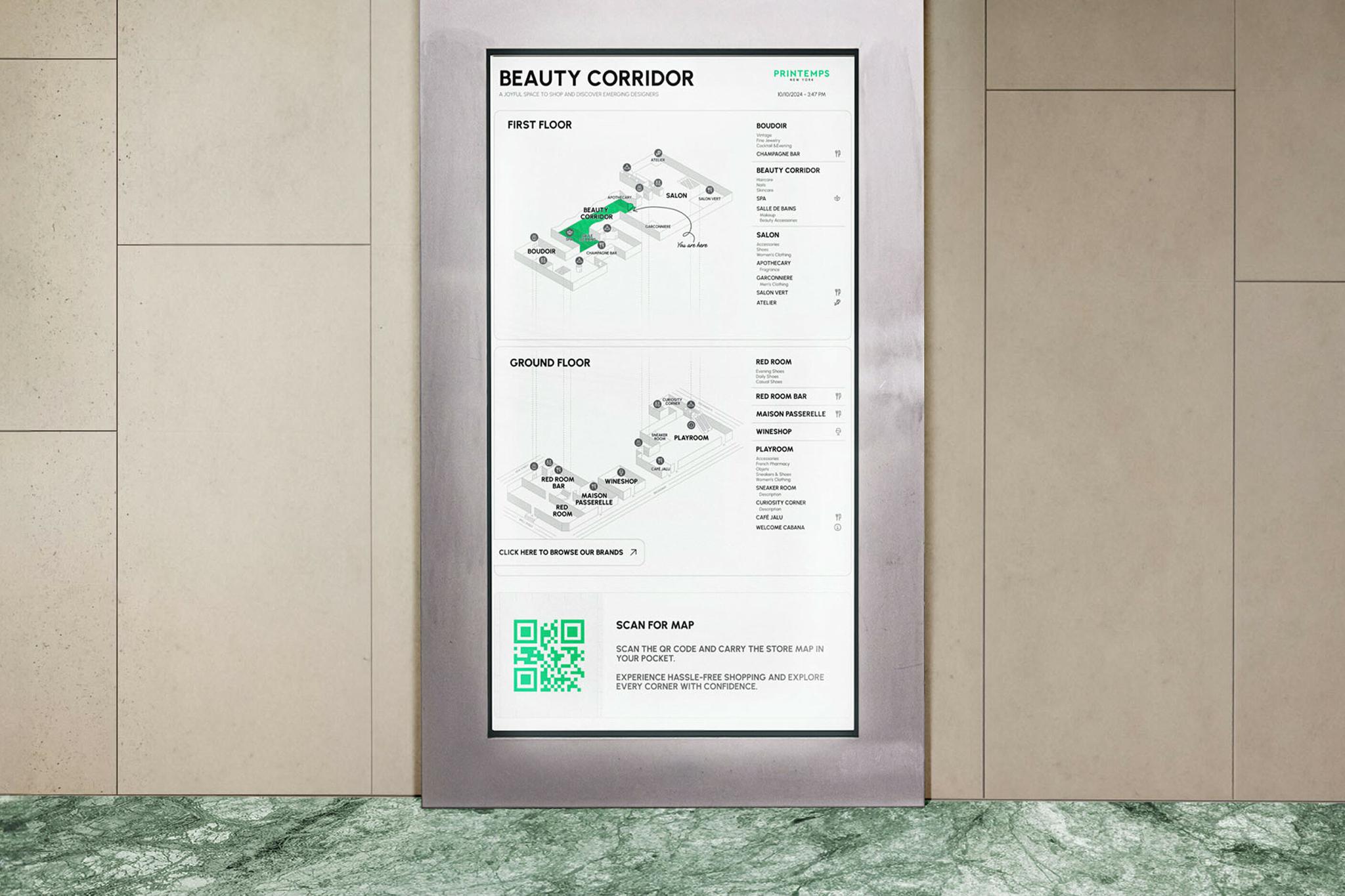 Digital Beauty Corridor wayfinding map with floor plans and a QR code on a wall-mounted screen.
