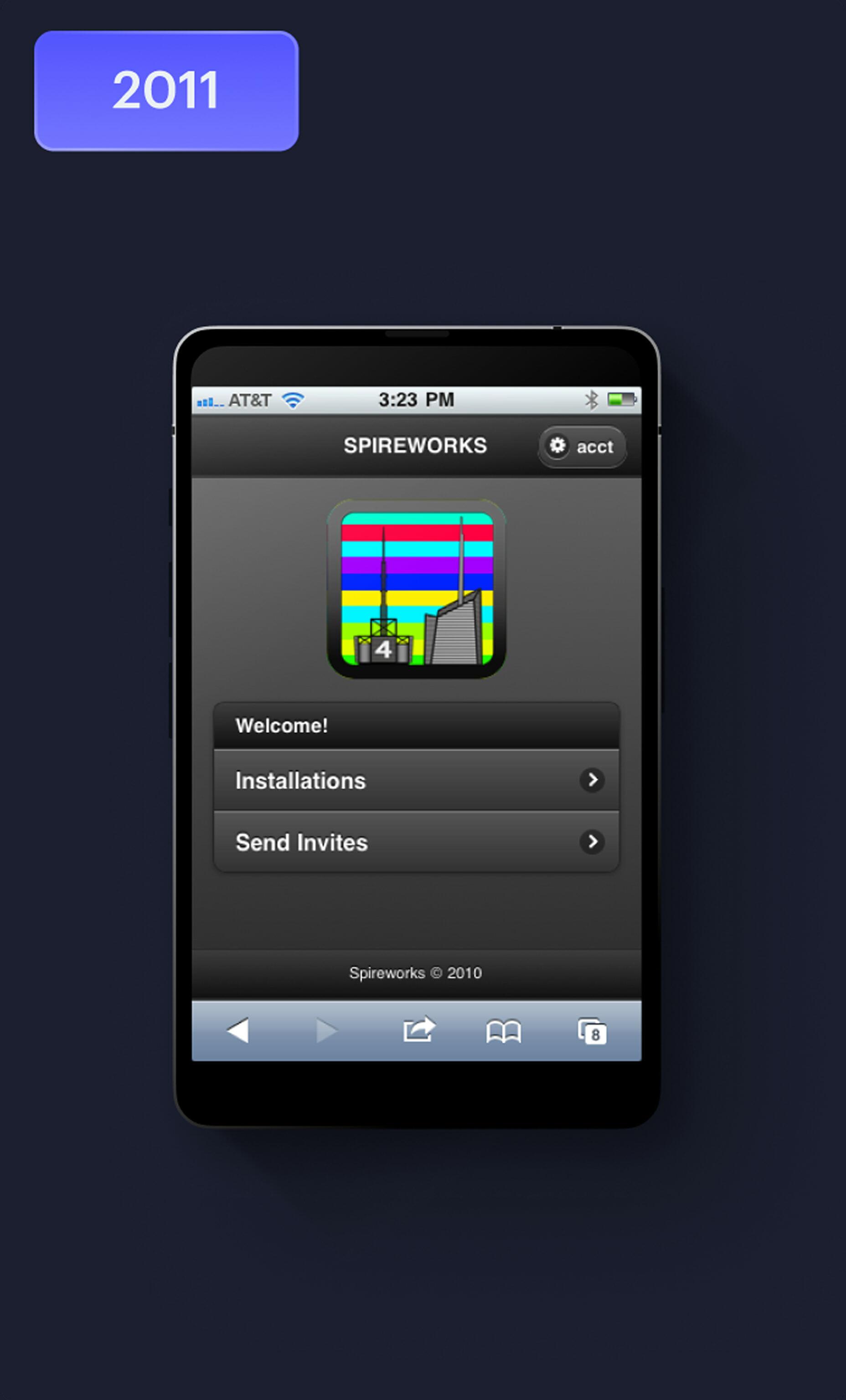 2011 Spireworks mobile web screen with Installations and Send Invites options