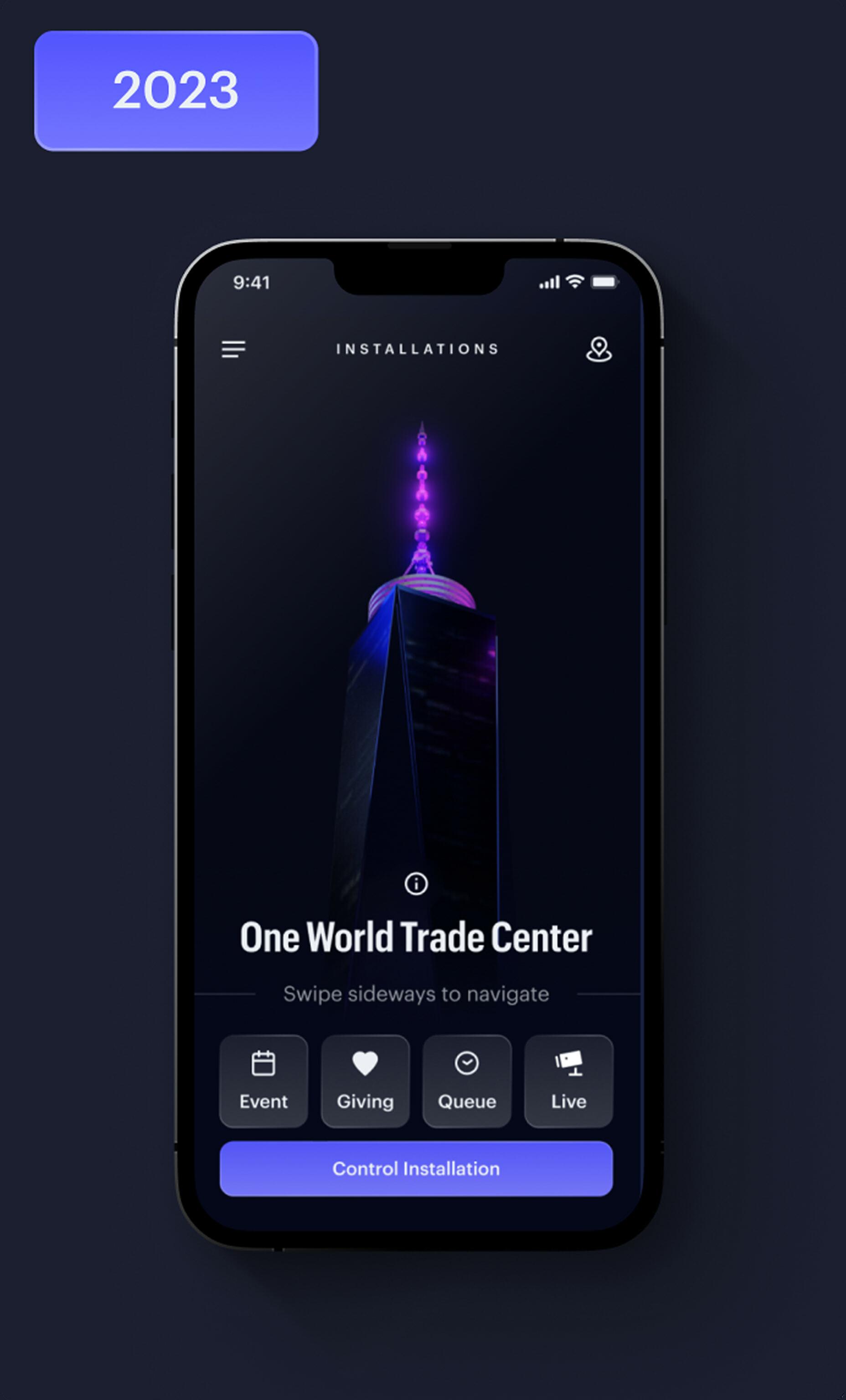 2023 app screen for One World Trade Center installation controls on a smartphone