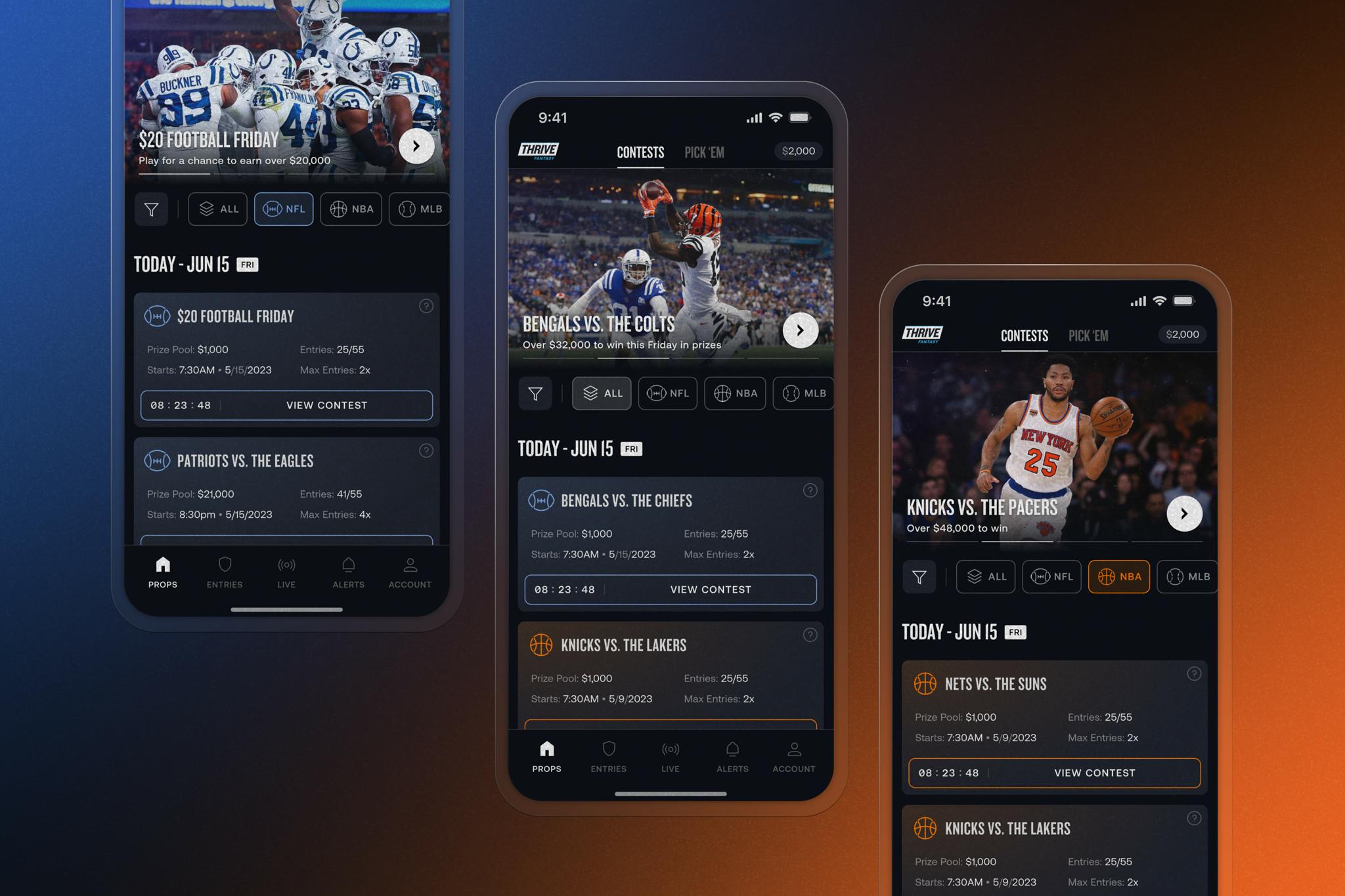 Three ThriveFantasy contest screens featuring football and basketball matchups on a blue-orange gradient