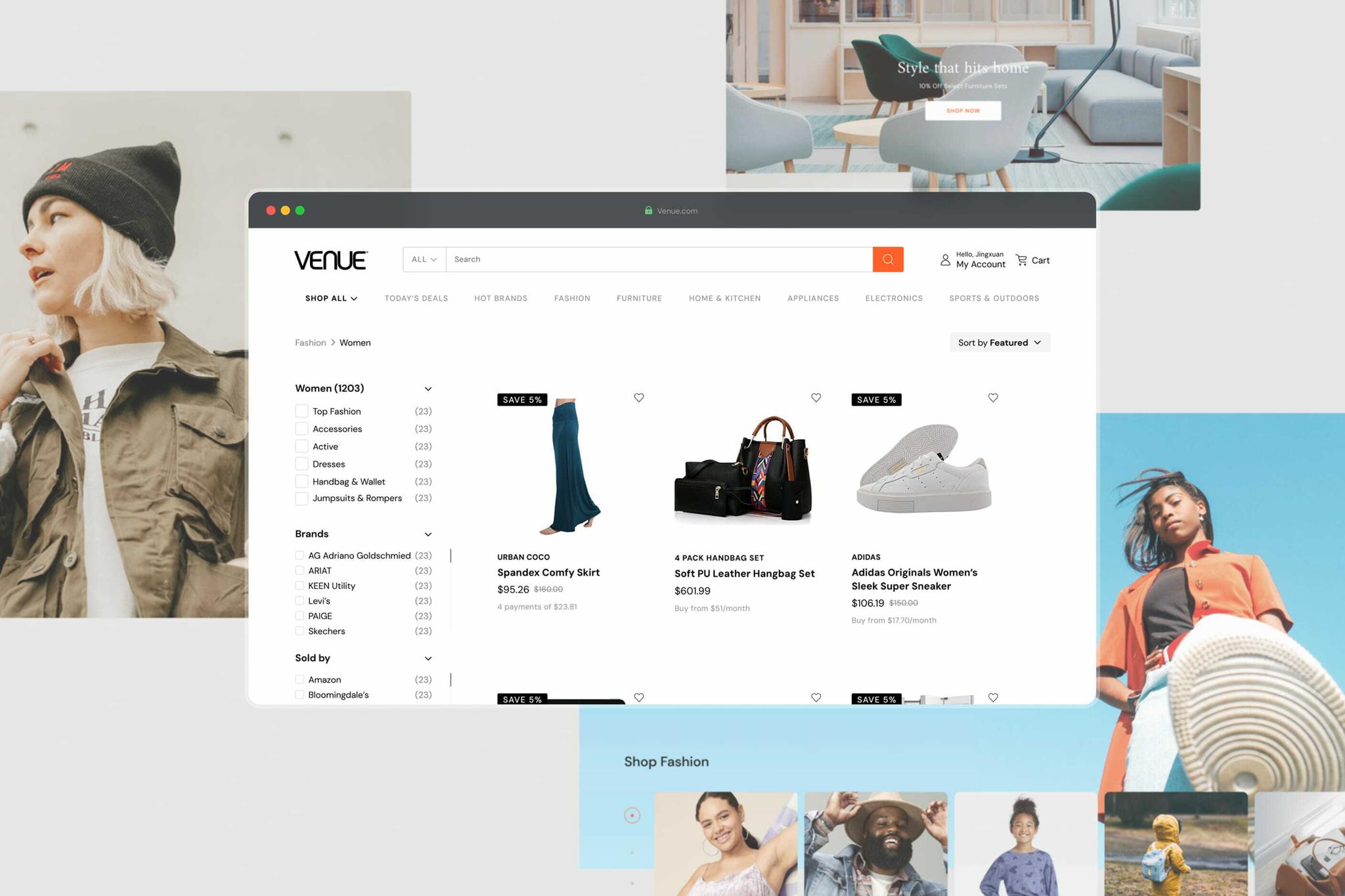 Venue fashion category page mockup with product grid and promotional photos
