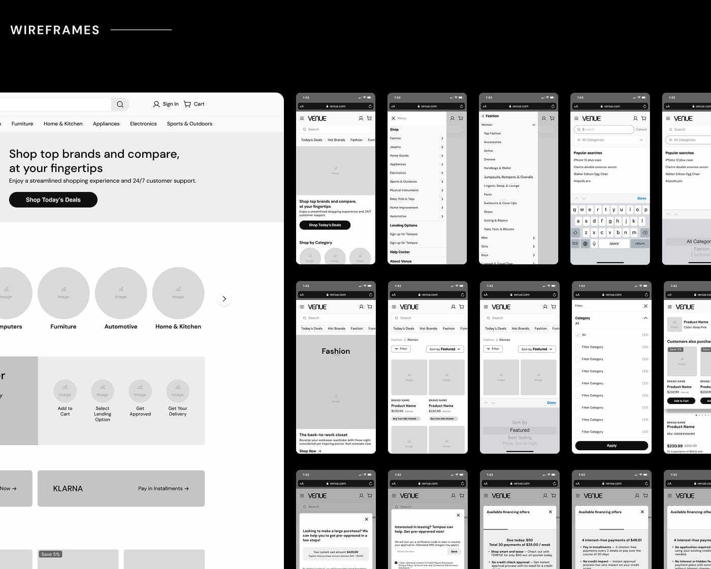 Wireframes board with the Venue desktop homepage and mobile screen flows