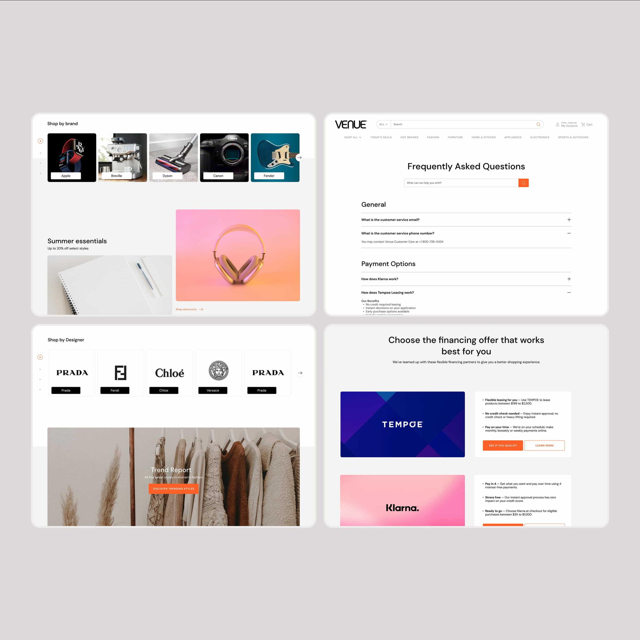 Venue mockups for shop-by-brand, FAQ, designer tiles and Klarna and Tempoe financing