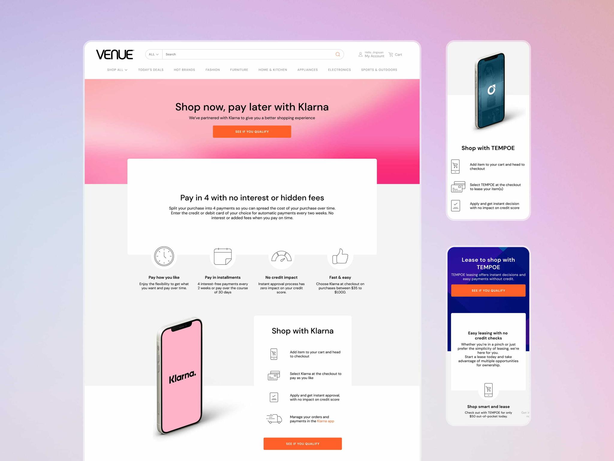 Venue Klarna pay-later landing page with Tempoe leasing side panels