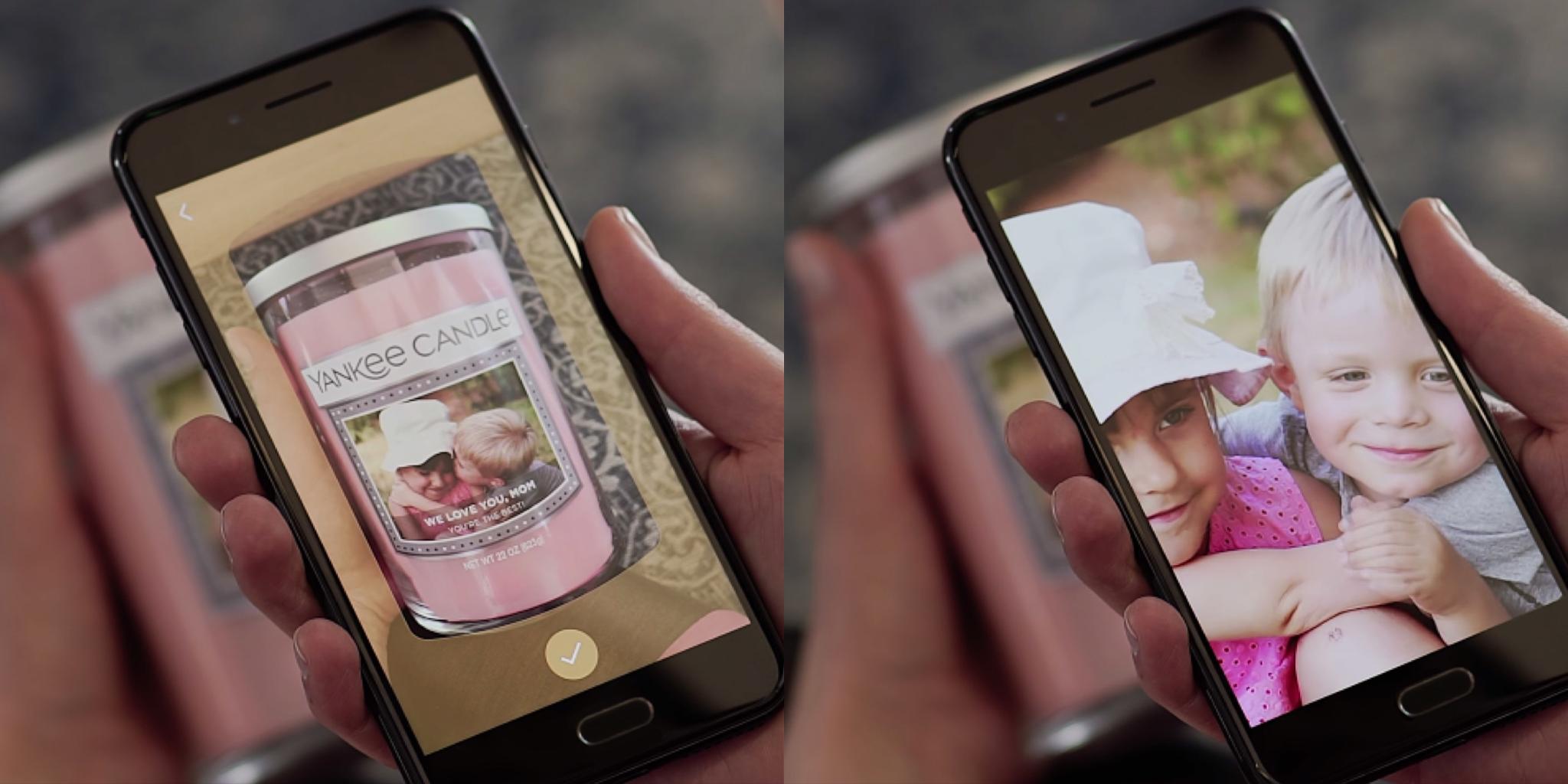 Phones showing the AR candle label scan and the video that plays back from it