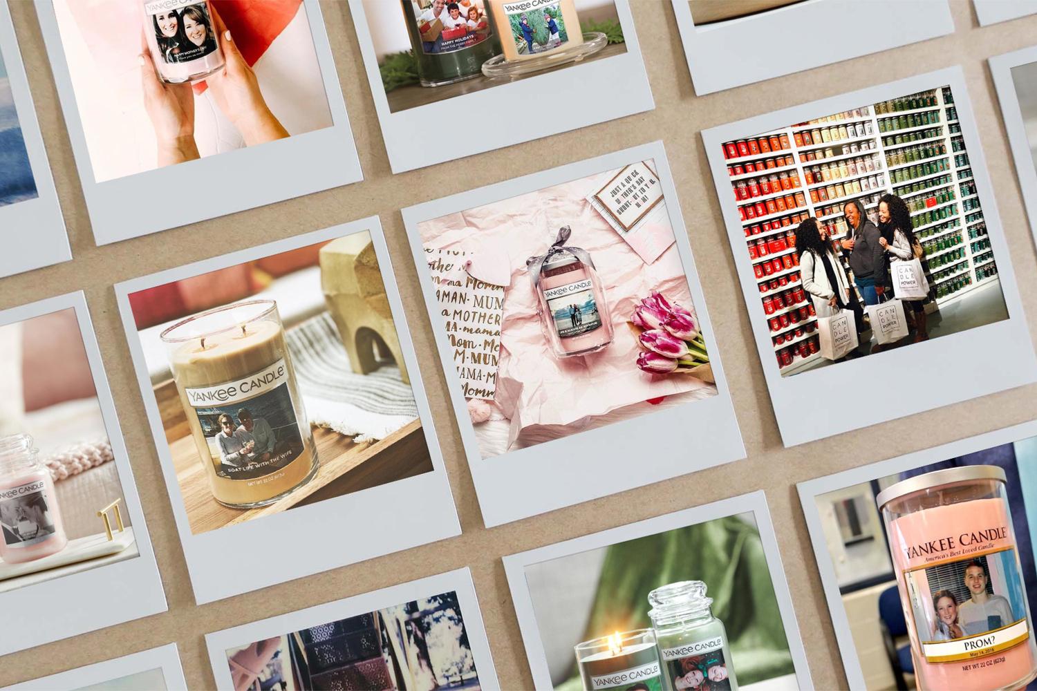 Polaroid-style photos of personalized Yankee Candle jars arranged on a tabletop