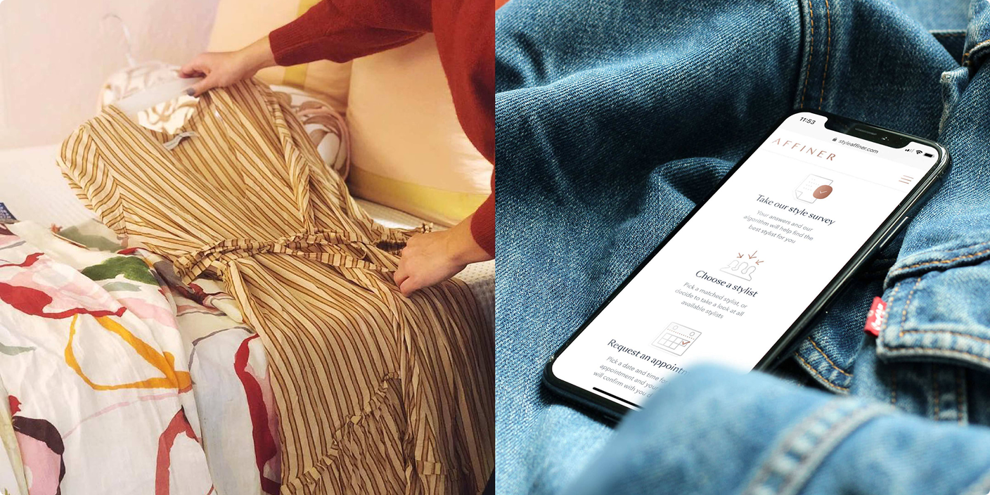 Striped dress laid on a bed beside a phone on denim showing the Affiner styling site