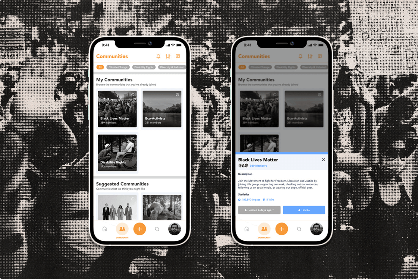 Communities app mockups on smartphones over a black-and-white protest crowd background