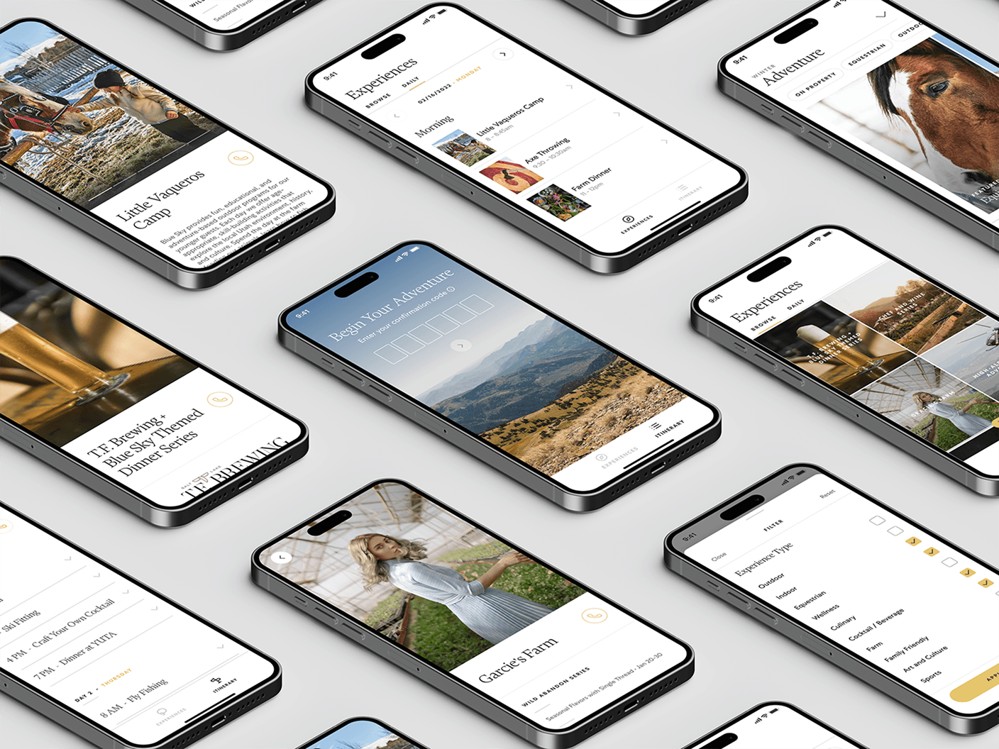 Grid of smartphones displaying The Lodge adventure travel app screens