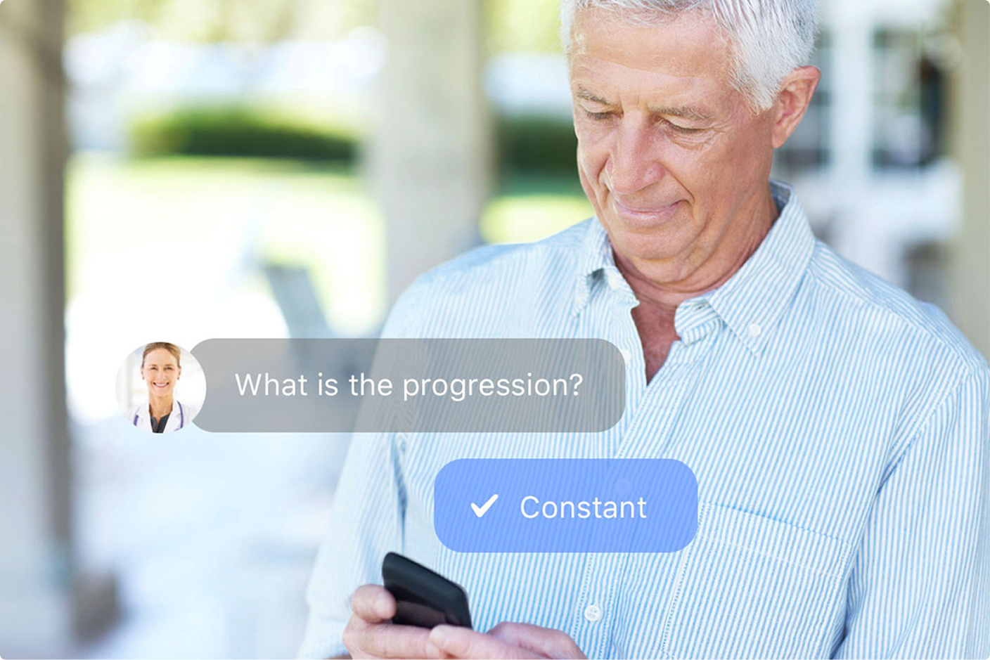 Older man using a smartphone with a medical chat overlay asking "What is the progression?" and reply "Constant"