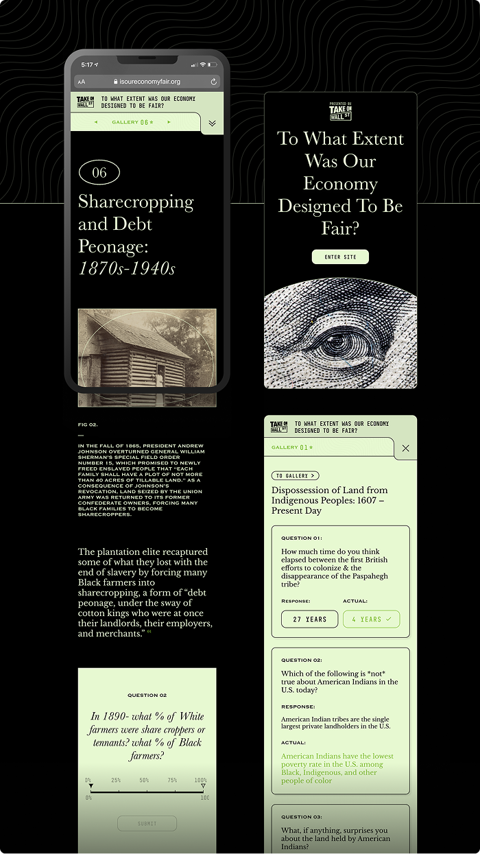 Take on Wall Street mobile and desktop screens on sharecropping and economic history