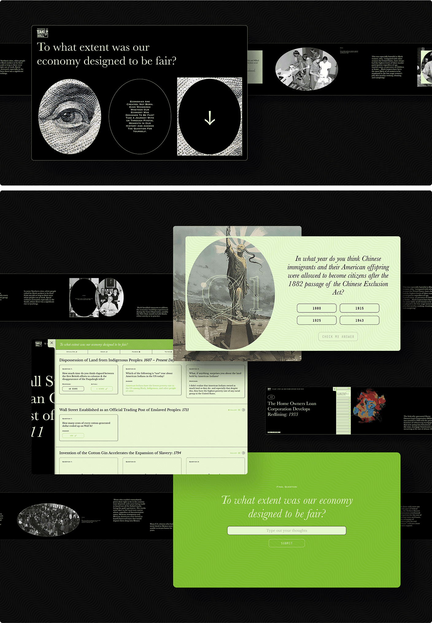 Take on Wall Street website screens with quiz cards and a green response form
