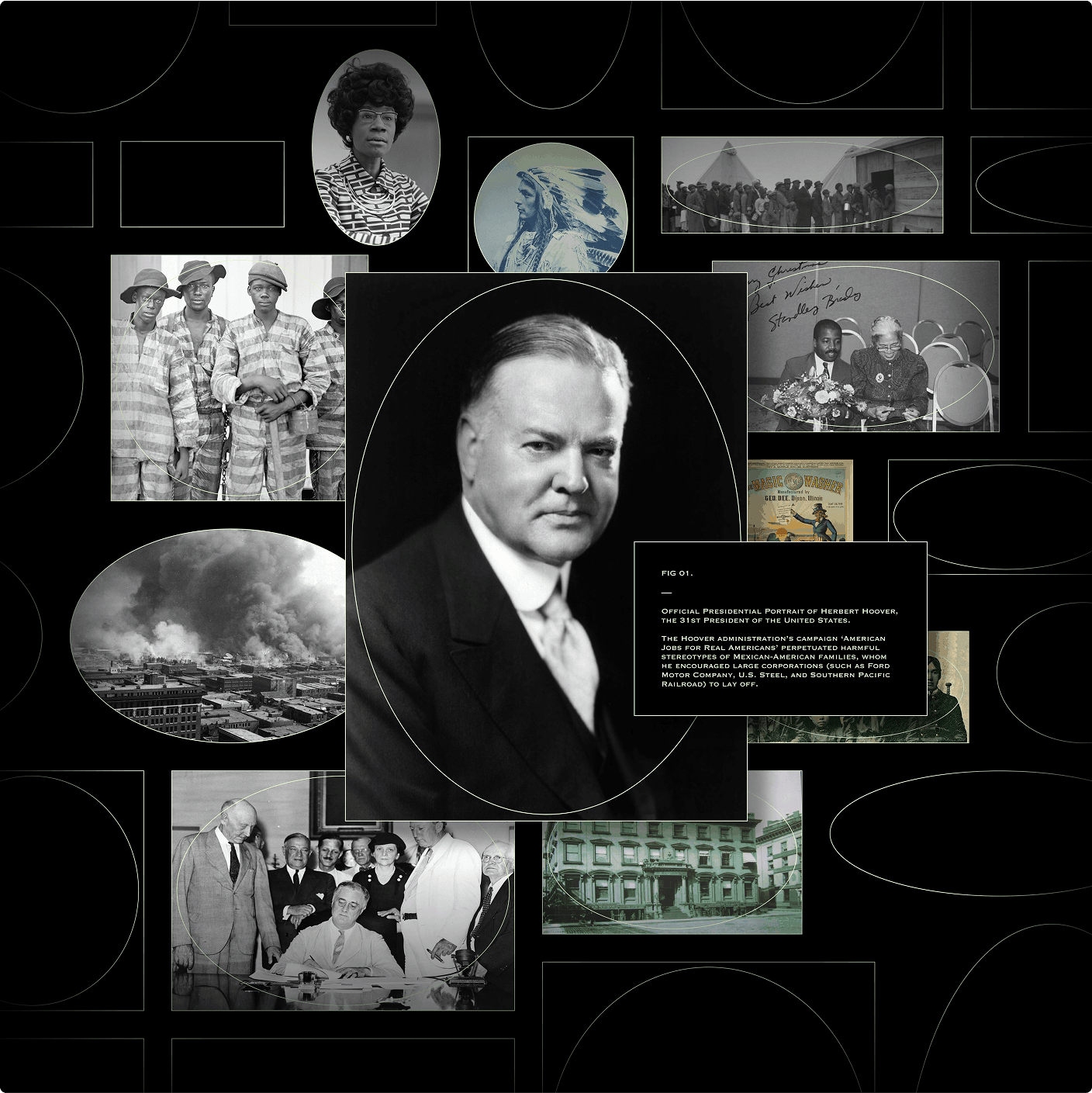 Archival collage centred on the presidential portrait of Herbert Hoover
