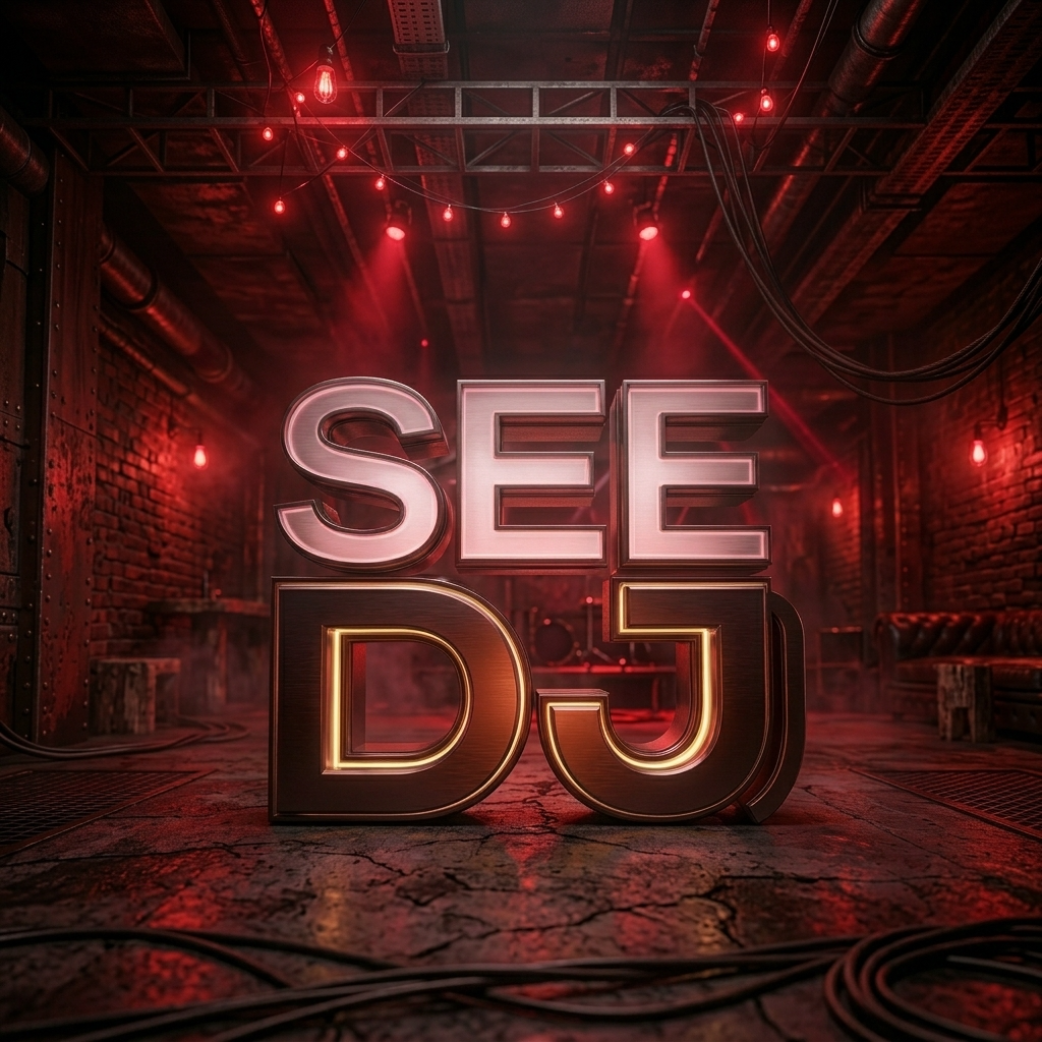 3D SEE DJ title standing in a red-lit brick room