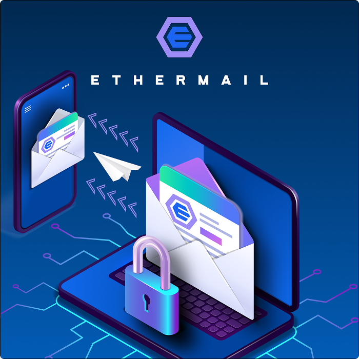 Ethermail secure email illustration with envelopes, laptop, padlock, and logo on a blue digital background