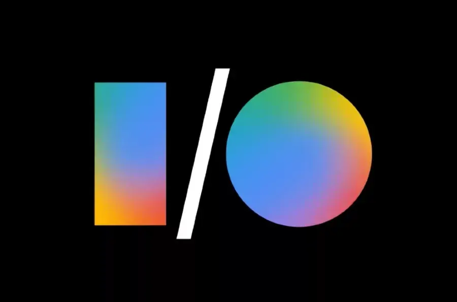 Google I/O logo with gradient rectangle and circle on black