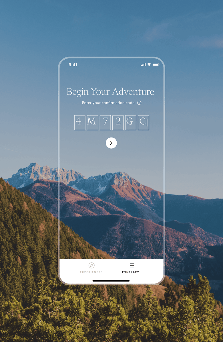 Transparent phone UI over mountain landscape with confirmation code