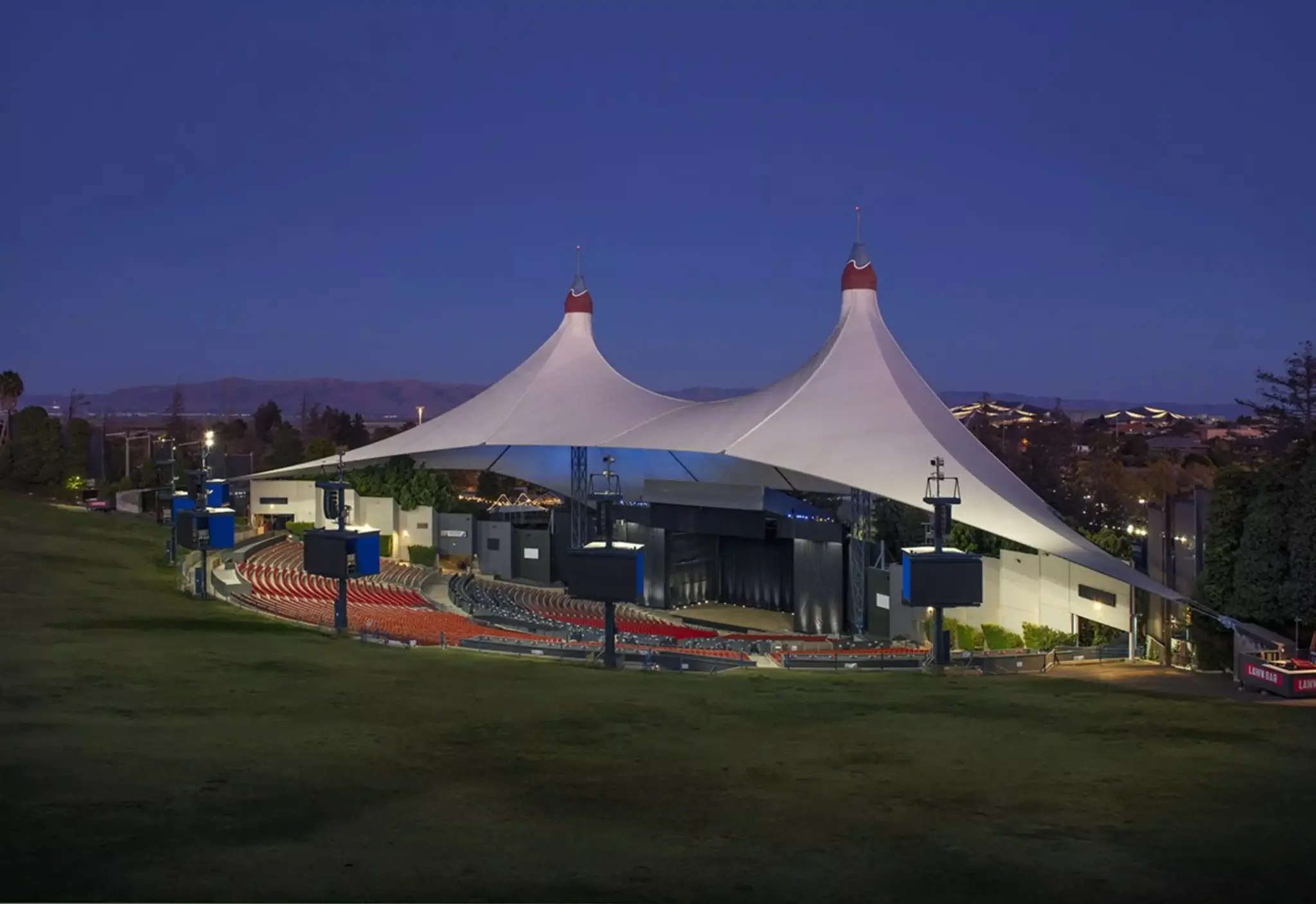 Shoreline Amphitheatre in Mountain View at dusk, the Google I/O venue