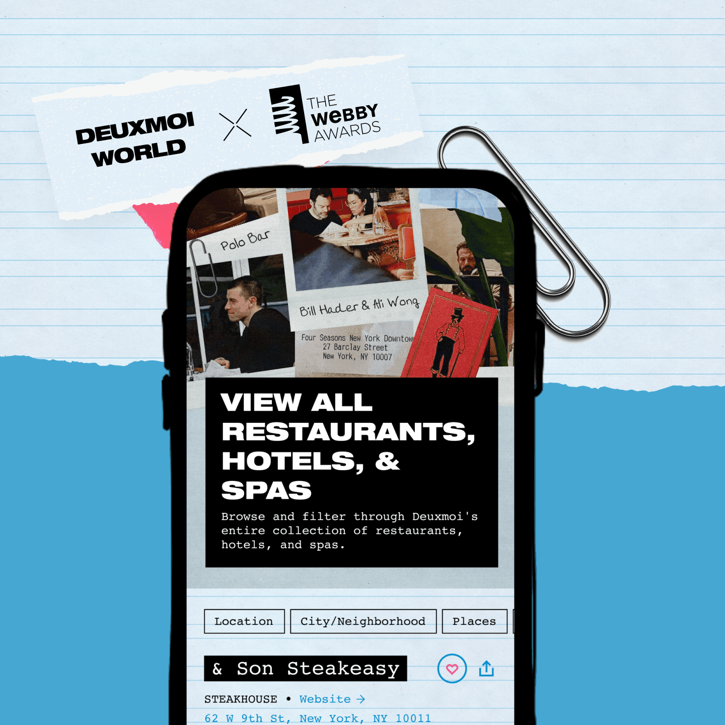 Deuxmoi World and The Webby Awards lockup above a phone showing the restaurants, hotels and spas guide