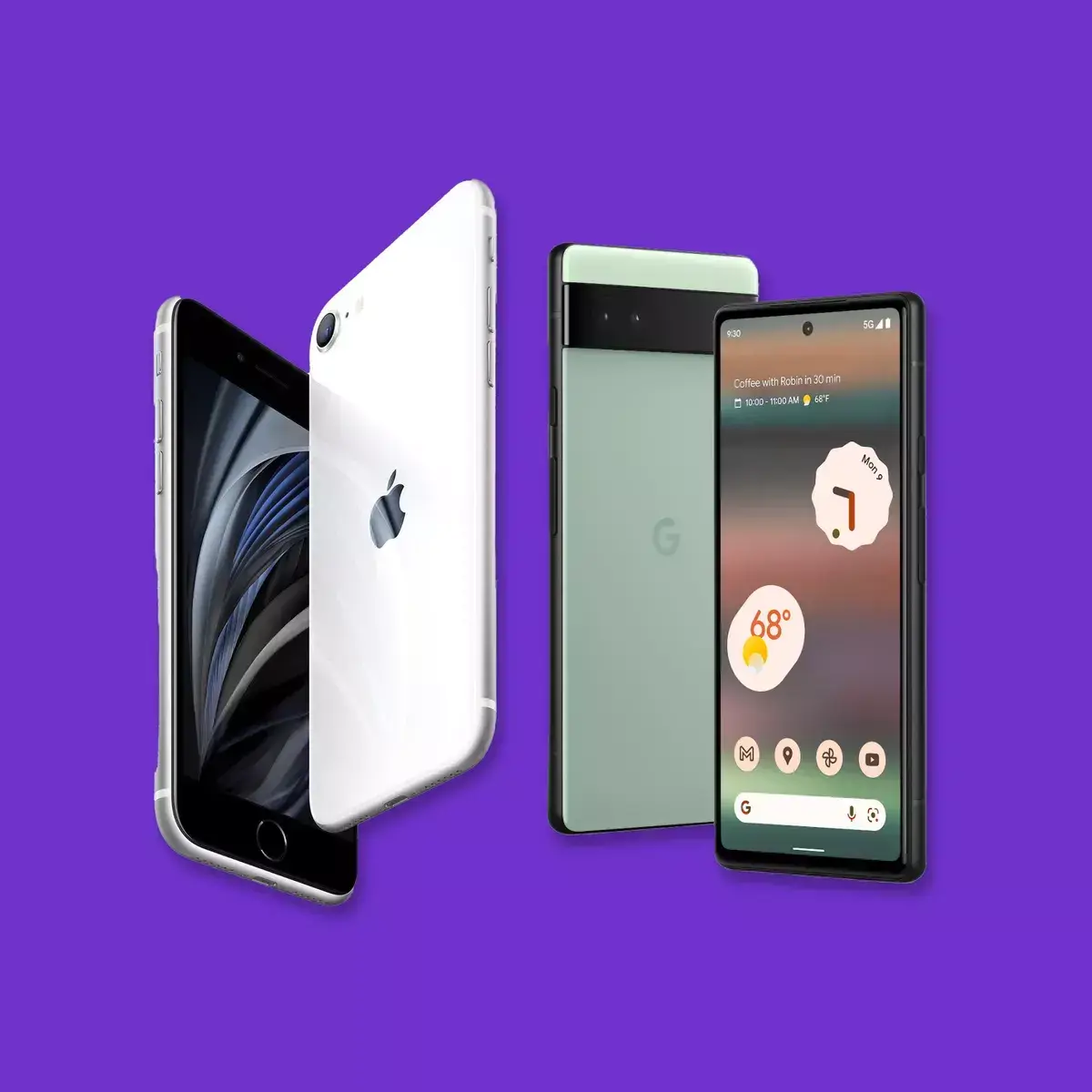Two smartphones displayed on a purple background