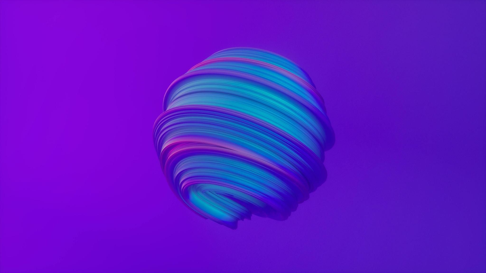 Abstract striped sphere in teal and purple on a violet background