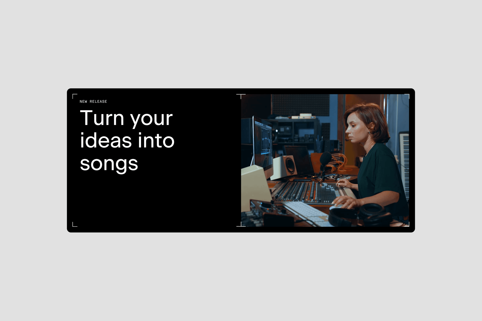 Wide banner reading "Turn your ideas into songs" beside a studio workstation scene.